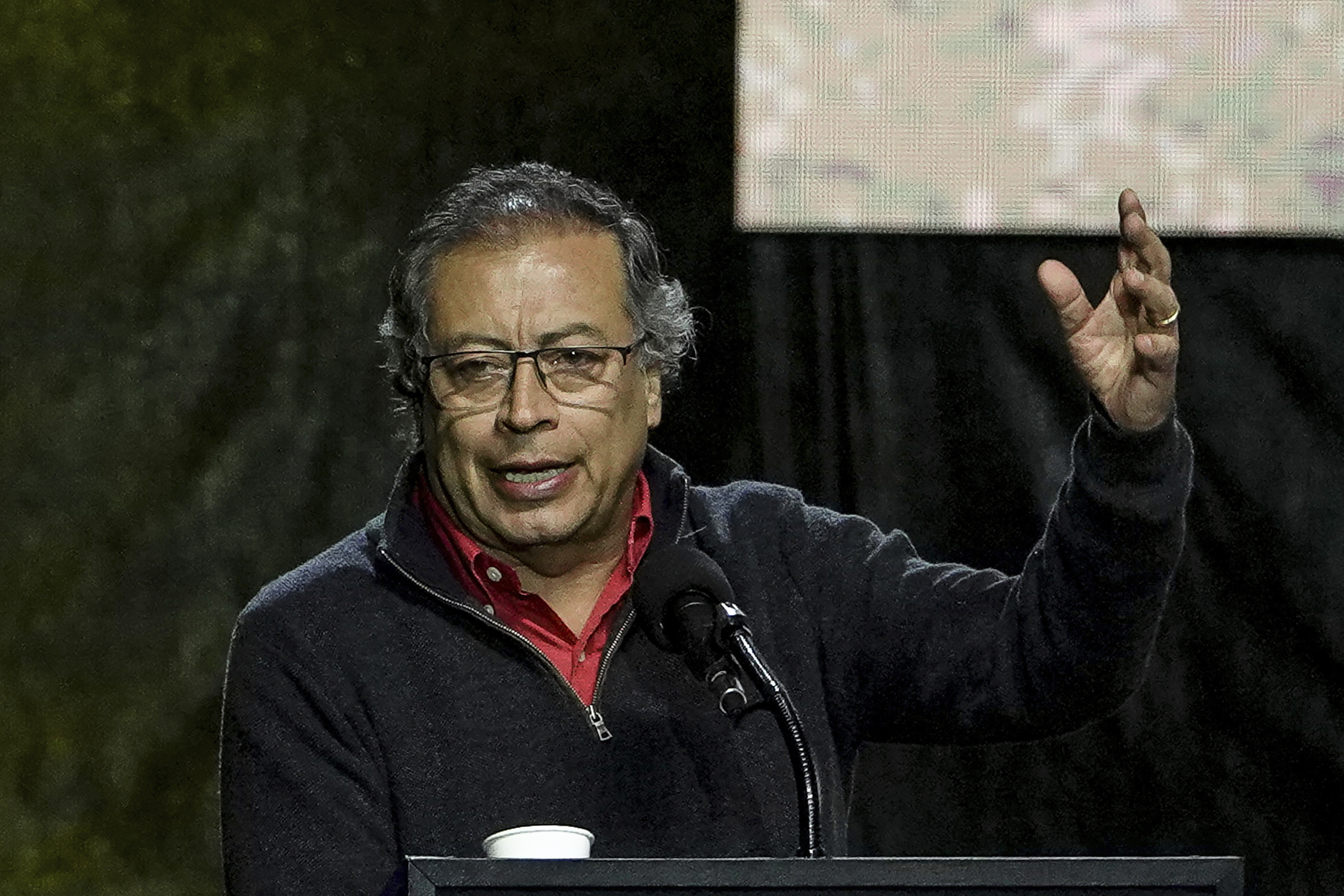 FILE - Colombian President Gustavo Petro speaks after signing a law banning bullfighting, in La Plaza Santa Maria, Bogota, Colombia, on July 22, 2024. (AP Photo/Ivan Valencia)