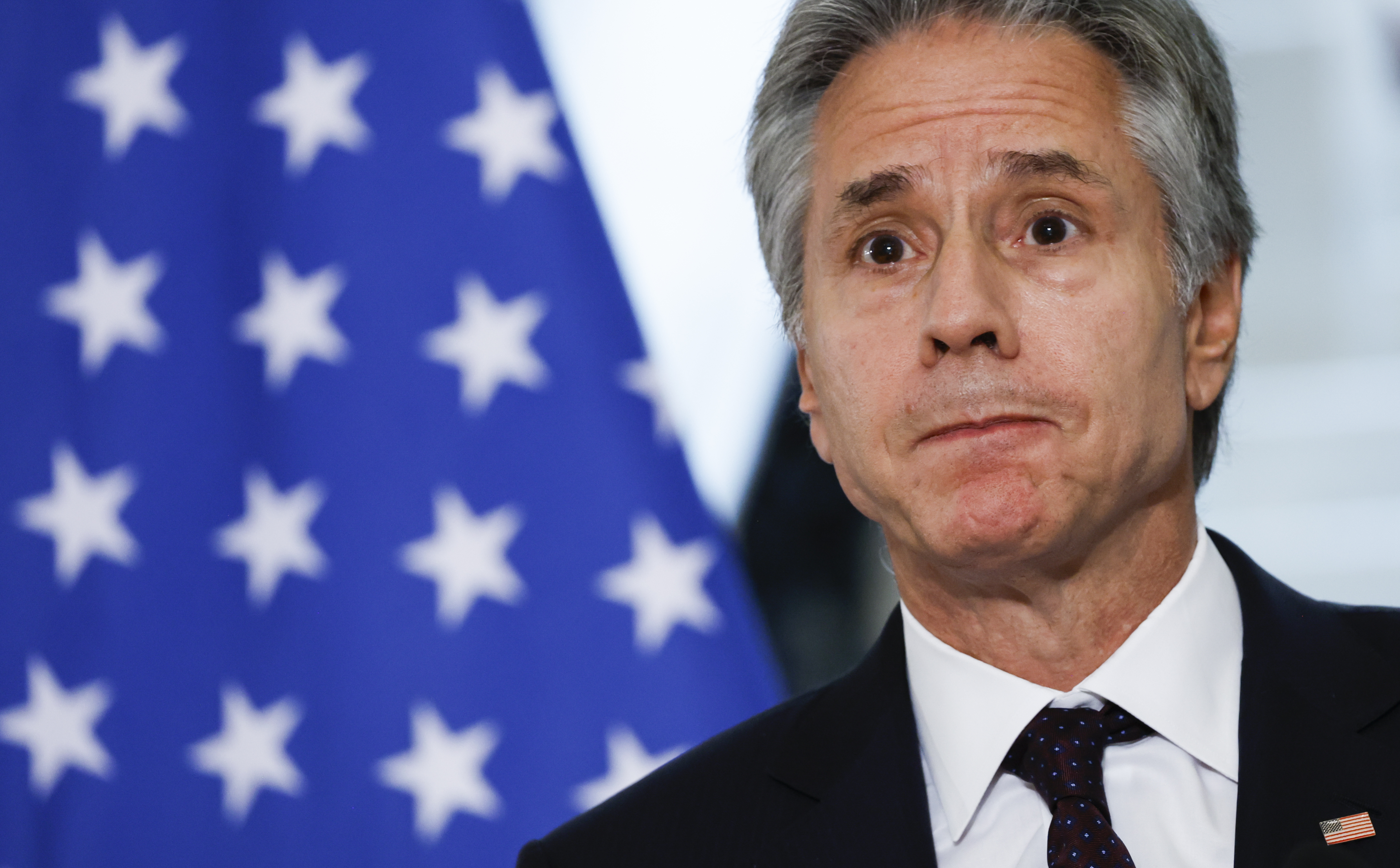 U.S. Secretary of State Antony Blinken attends a joint press conference with Egypt's Foreign Minister Badr Abdelatty in Tahrir Palace in Cairo, Egypt Wednesday, Sept. 18, 2024. (Evelyn Hockstein/Pool Photo via AP)