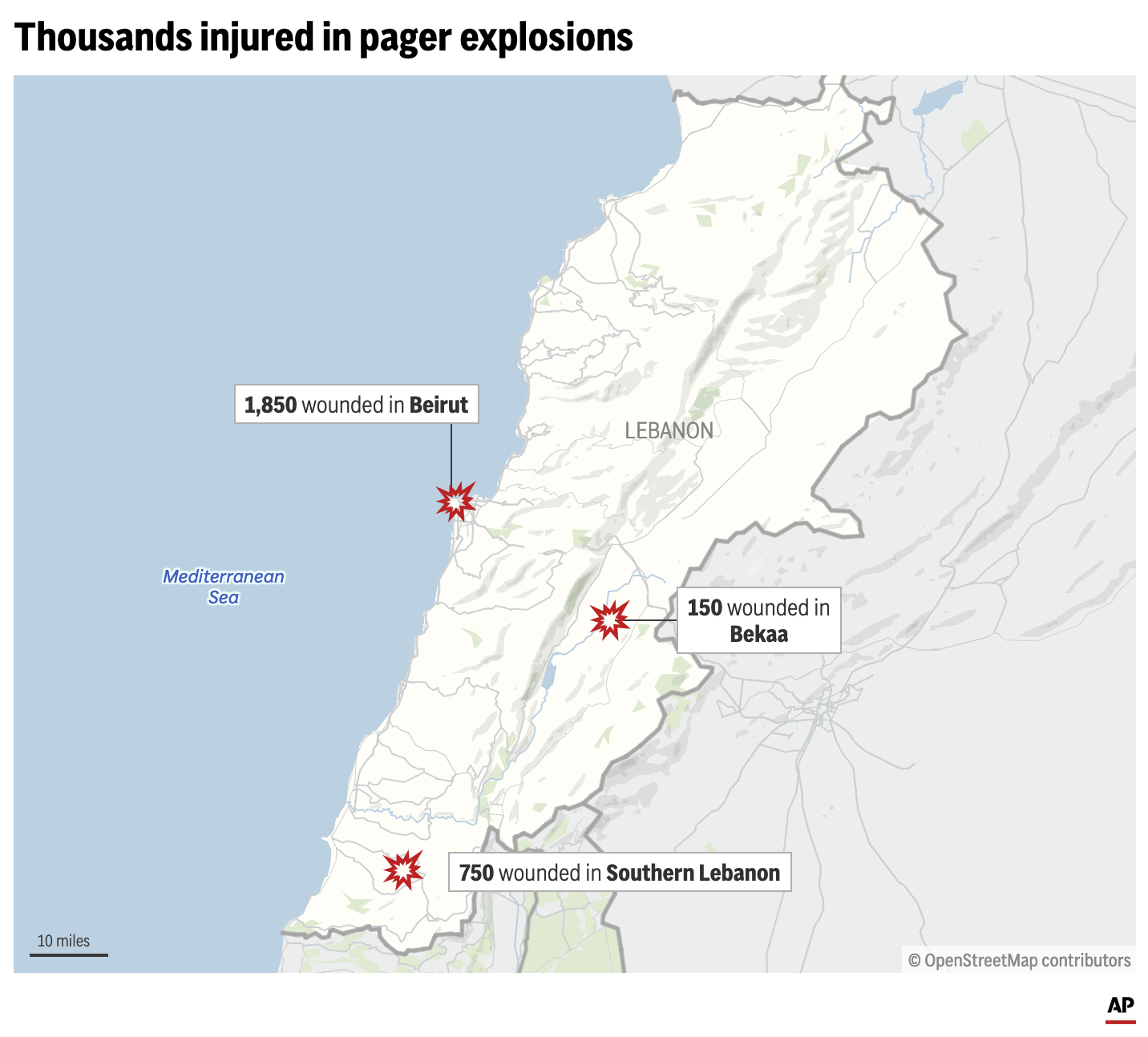 Map shows the number of people wounded by pager explosions in various Lebanese cities. (AP Digital Embed)