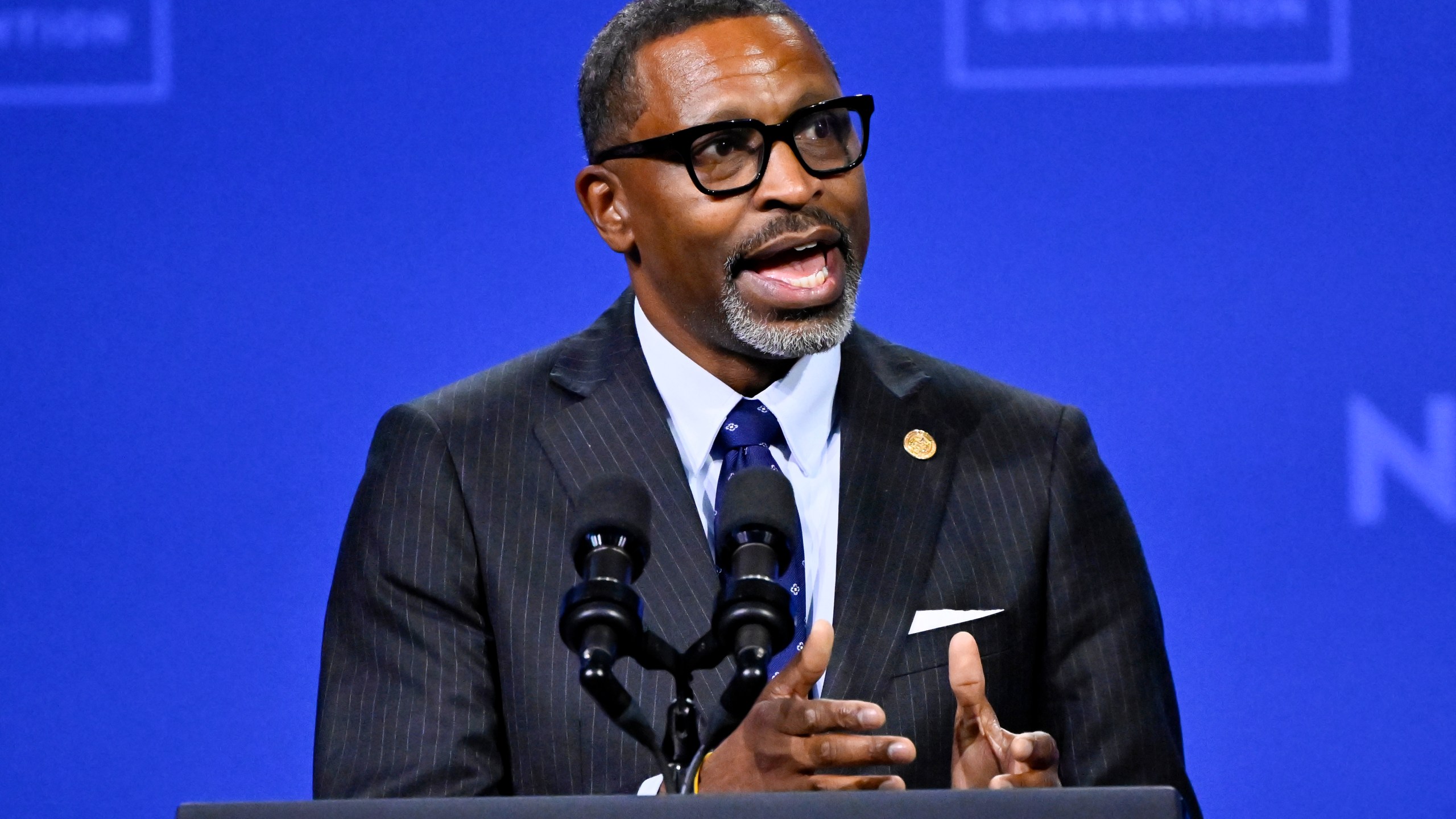 FILE - NAACP President and CEO Derrick Johnson speaks before President Joe Biden addresses the crowd at the 115th NAACP National Convention in Las Vegas, July 16, 2024. (AP Photo/David Becker, File)