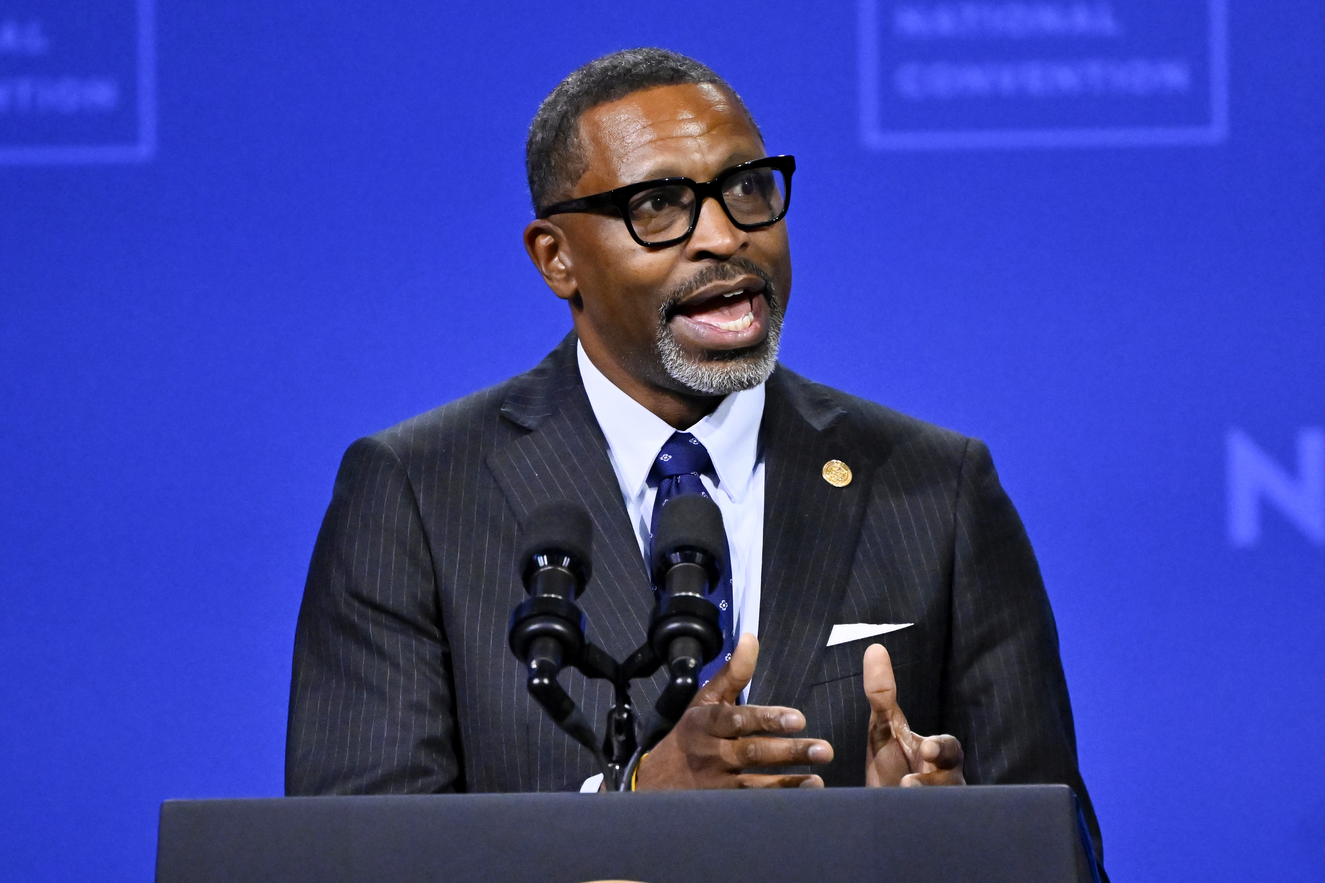 FILE - NAACP President and CEO Derrick Johnson speaks before President Joe Biden addresses the crowd at the 115th NAACP National Convention in Las Vegas, July 16, 2024. (AP Photo/David Becker, File)