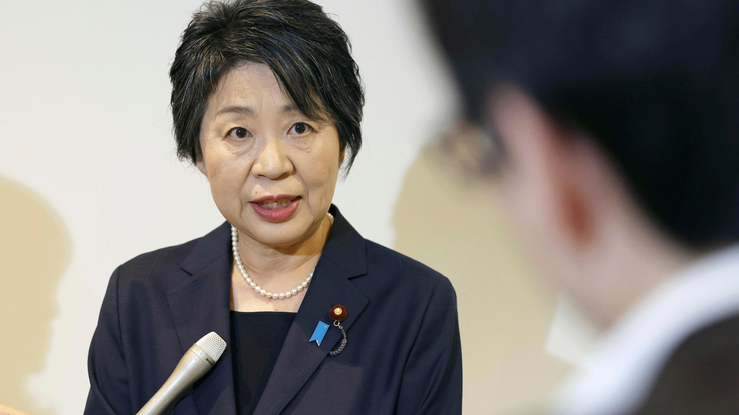 Japan's Foreign Minister Yoko Kamikawa speaks to journalists in Tokyo Thursday, Sept. 19, 2024, about an incident that a 10-year-old Japanese student was attacked by a man at a Japanese school in Shenzhen, southern China. (Kyodo News via AP)