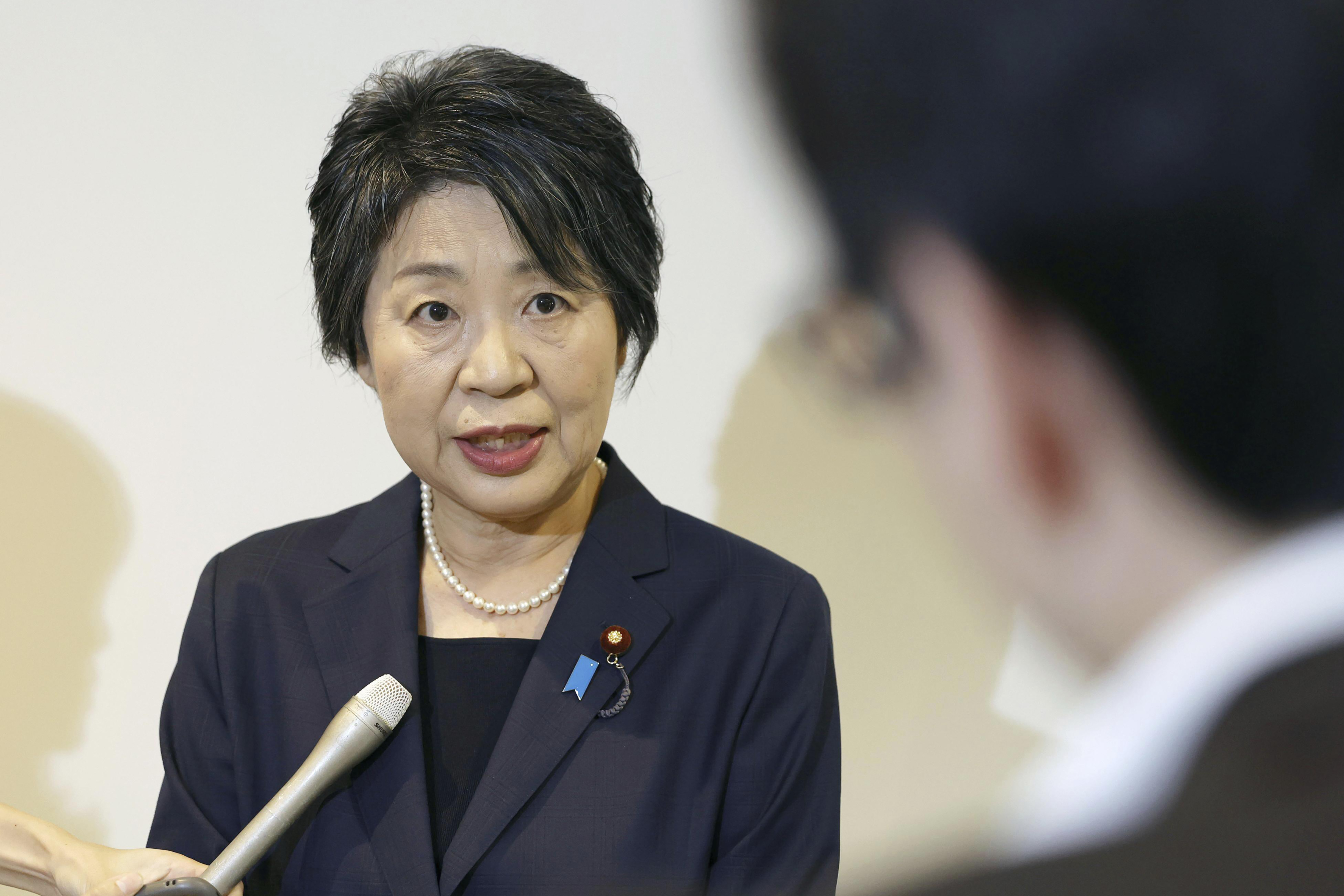 Japan's Foreign Minister Yoko Kamikawa speaks to journalists in Tokyo Thursday, Sept. 19, 2024, about an incident that a 10-year-old Japanese student was attacked by a man at a Japanese school in Shenzhen, southern China. (Kyodo News via AP)