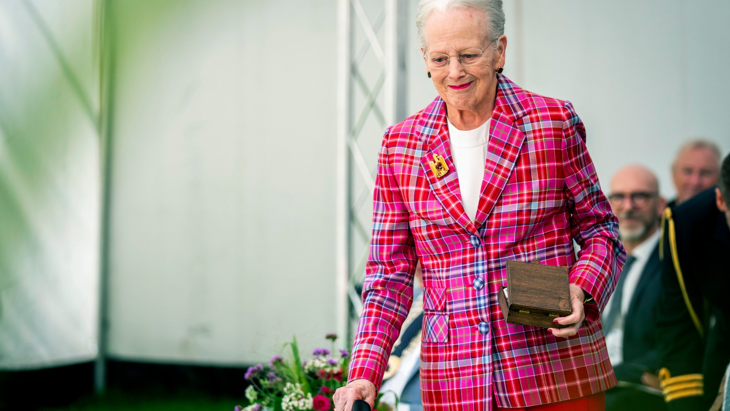 Denmark's Queen Margrethe attends the Rungstedlund Prize 2024 at the Karen Blixen Museum in Rungsted, Denmark, Monday, Sept. 16, 2024. (Ida Marie Odgaard/Ritzau Scanpix via AP)