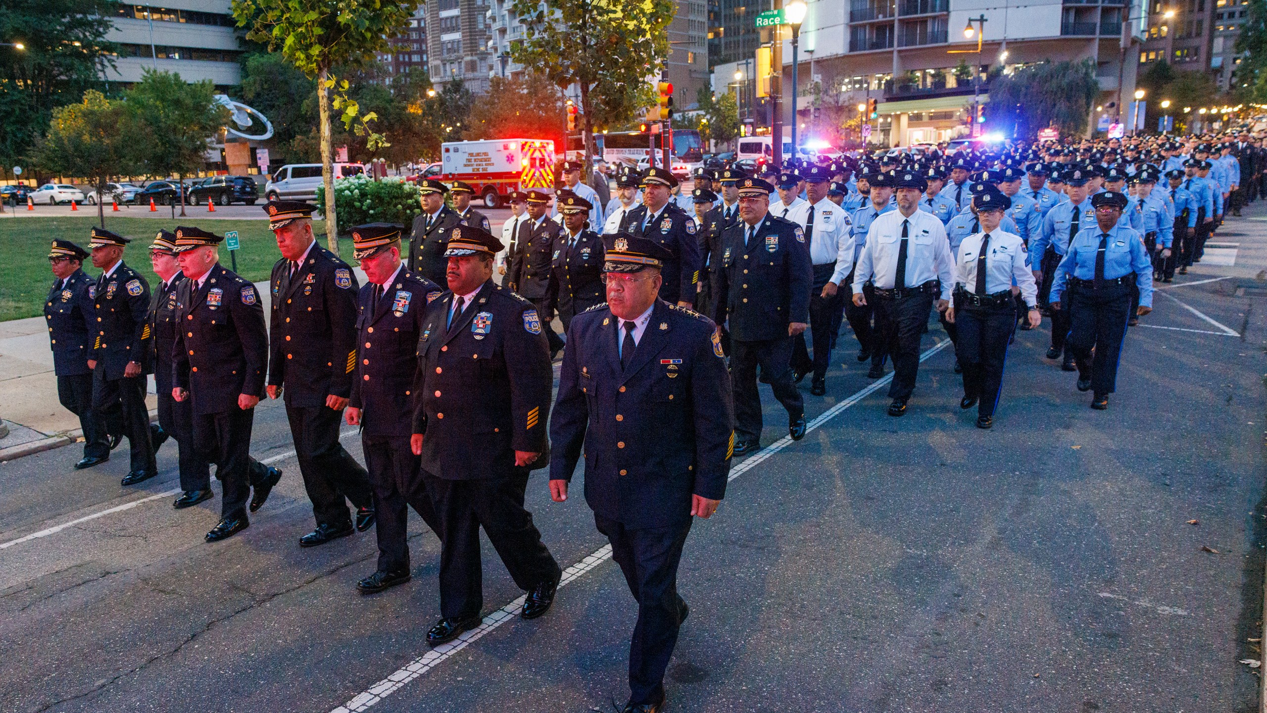 Philadelphia Police Commissioner, Kevin J. Bethel leads members of this police department to the Cathedral Basilica of Saints Peter and Paul for the funeral for officer Jaime Roman on Thursday, Sept.19, 2024. (Alejandro A. Alvarez/The Philadelphia Inquirer via AP)