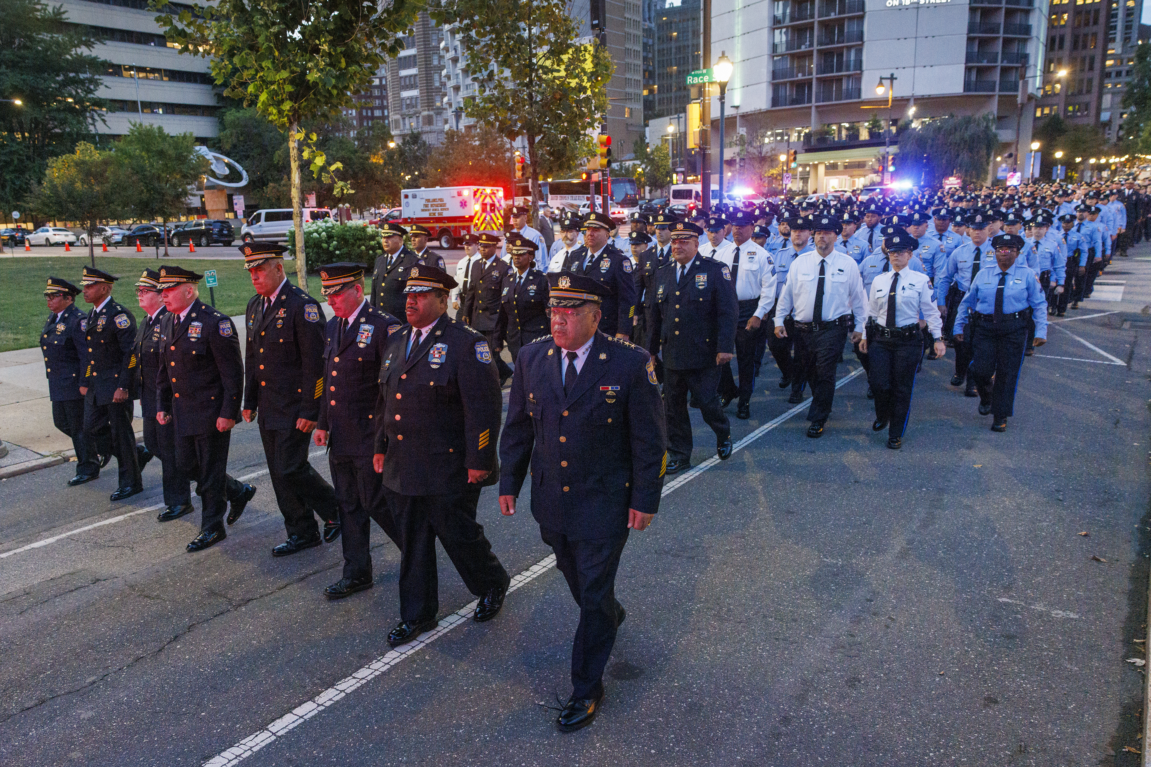 Philadelphia Police Commissioner, Kevin J. Bethel leads members of this police department to the Cathedral Basilica of Saints Peter and Paul for the funeral for officer Jaime Roman on Thursday, Sept.19, 2024. (Alejandro A. Alvarez/The Philadelphia Inquirer via AP)