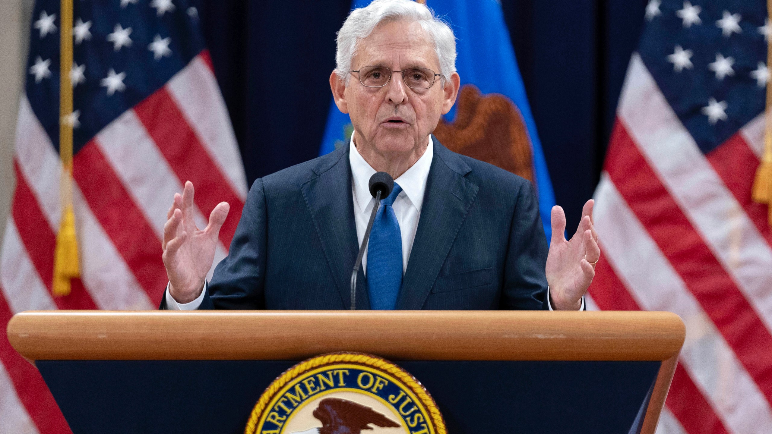 FILE - Attorney General Merrick Garland speaks at the Department of Justice headquarters in Washington, Sept. 12, 2024. The Justice Department has opened a civil rights investigation into a Mississippi sheriff’s department whose officers tortured two Black men in a case that drew condemnation from top U.S. law enforcement officials, including AG Garland. (AP Photo/Jose Luis Magana, File)