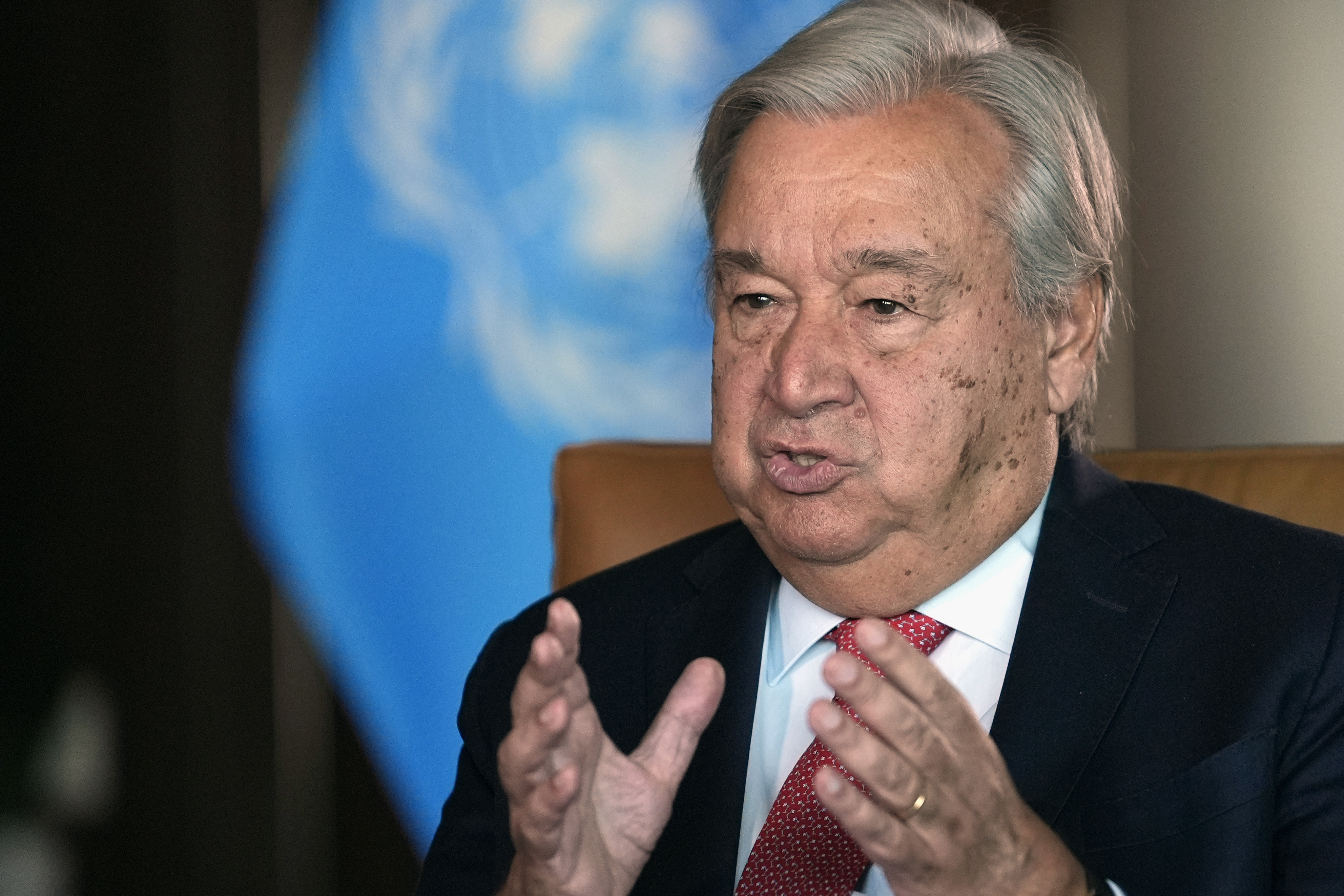 FILE - United Nations Secretary-General Antonio Guterres speaks during an interview at the United Nations headquarters, on Sept. 9, 2024. (AP Photo/Pamela Smith, File)