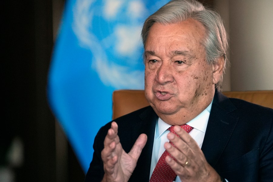 FILE - United Nations Secretary-General Antonio Guterres speaks during an interview at the United Nations headquarters, on Sept. 9, 2024. (AP Photo/Pamela Smith, File)