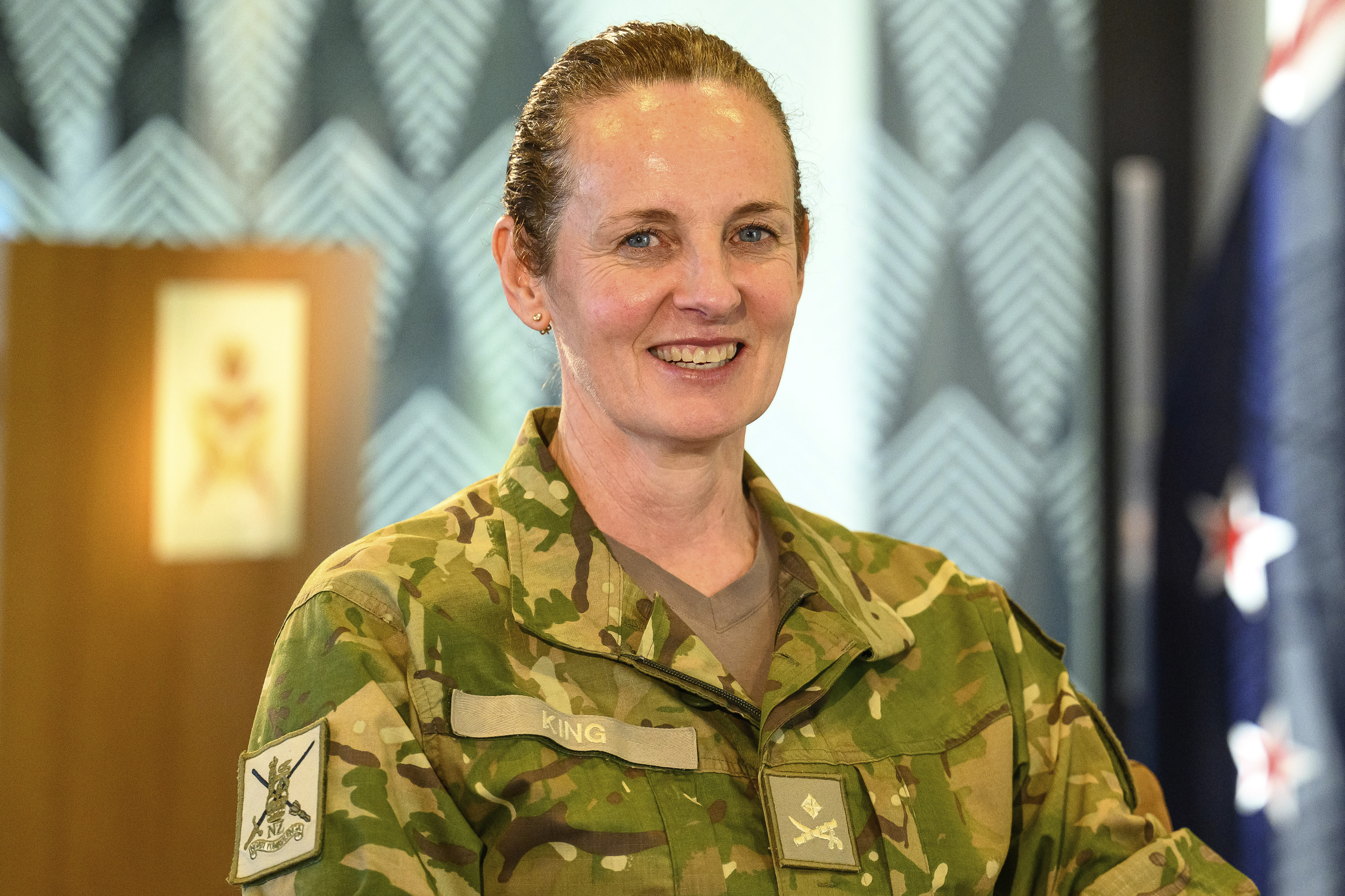 New Zealand's army chief Major General Rose King, the first woman to head a military service in the country, is interviewed by The Associated Press at the defense headquarters in Wellington on Friday, Sept. 20, 2024. (AP Photo/Mark Tantrum)