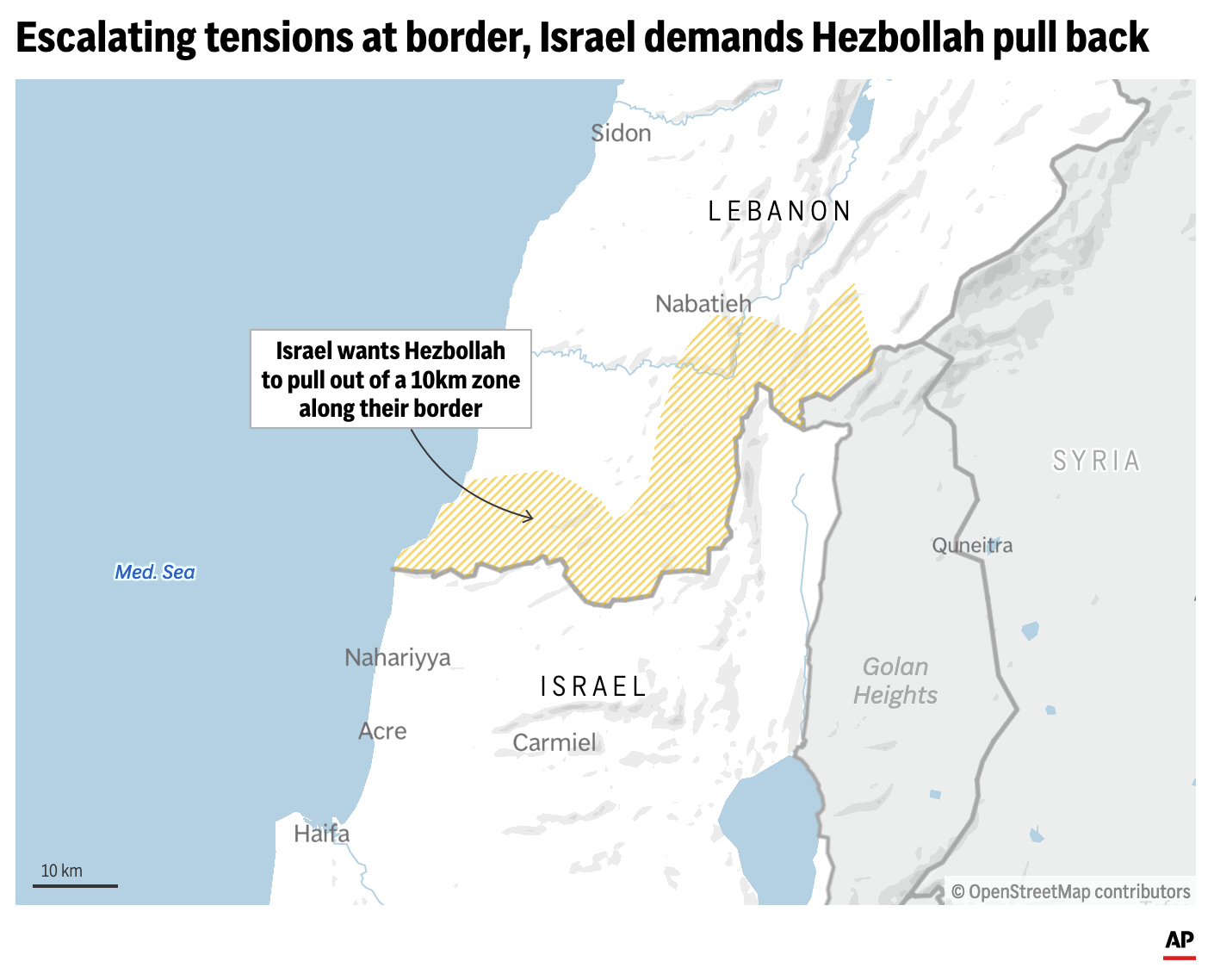 The map above shows the 10-mile buffer zone which Israel wants Hezbollah to pull out from. (AP Digital Embed)