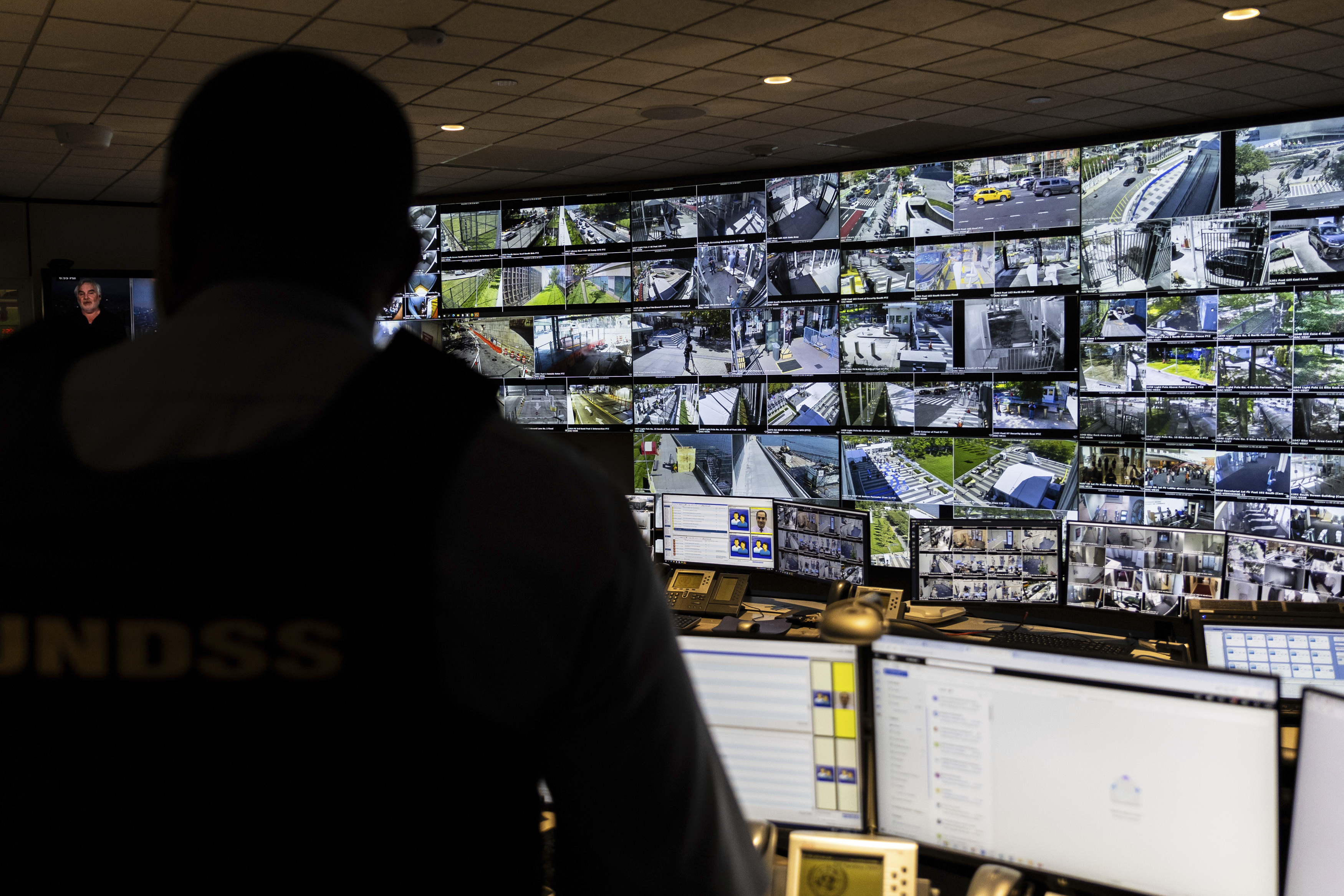 A U.N. security officer inside the U.N. Security Operations Center inside the United Nations Headquarters, Friday Sept. 20, 2024. (AP Photo/Stefan Jeremiah)