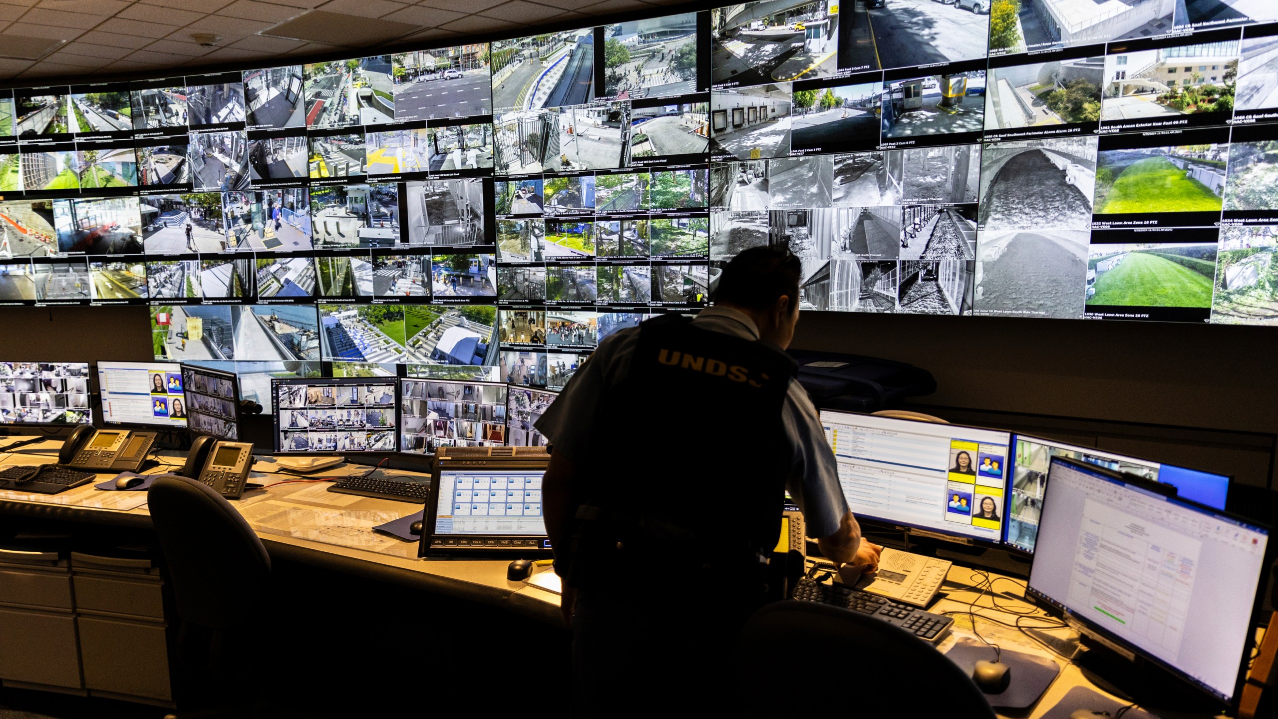 A U.N. security officer inside the U.N. Security Operations Center inside the United Nations Headquarters, Friday Sept. 20, 2024. (AP Photo/Stefan Jeremiah)