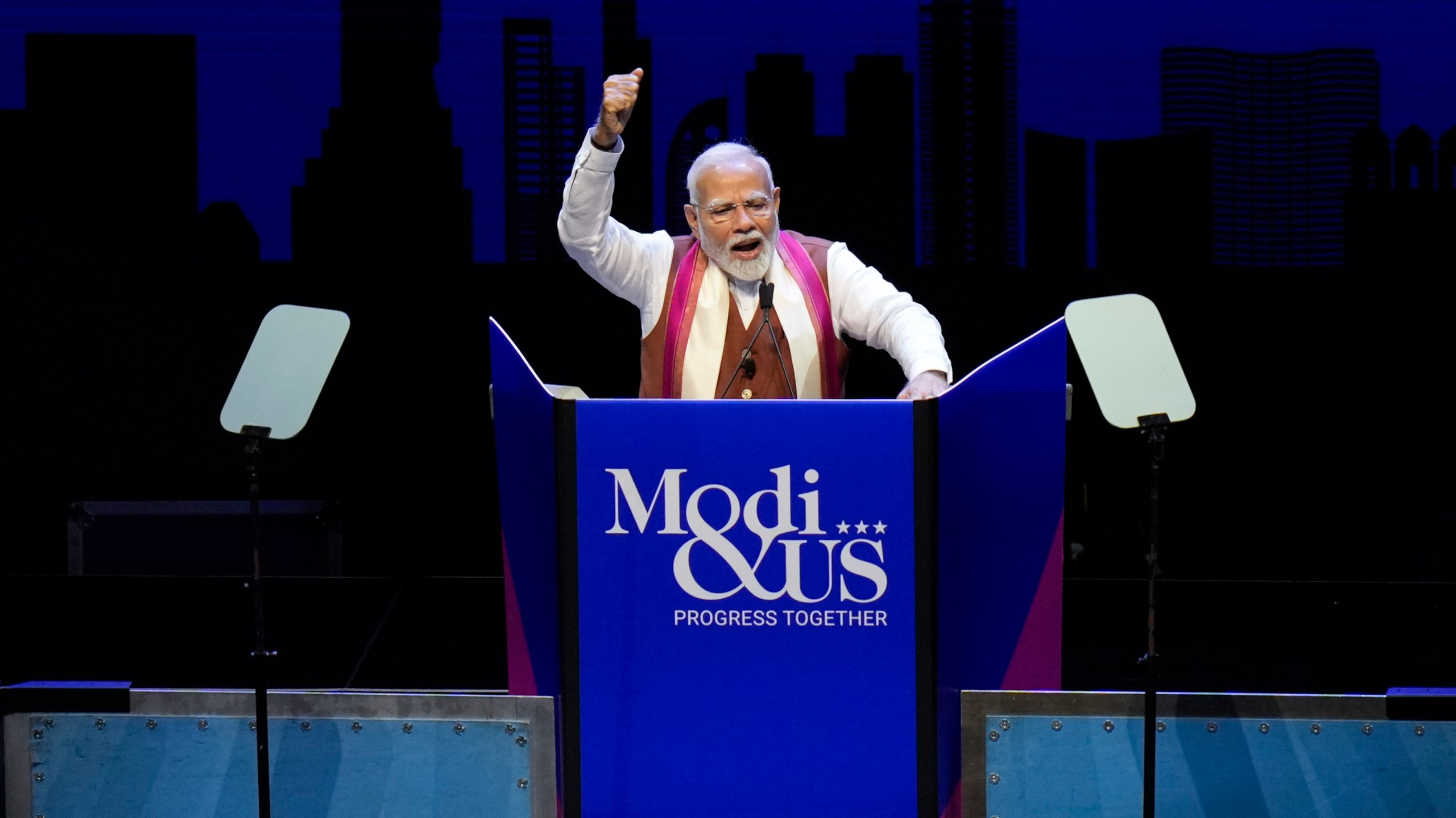 Narendra Modi, Prime Minister of India, speaks at an event in Uniondale, N.Y., Sunday, Sept. 22, 2024. (AP Photo/Seth Wenig)