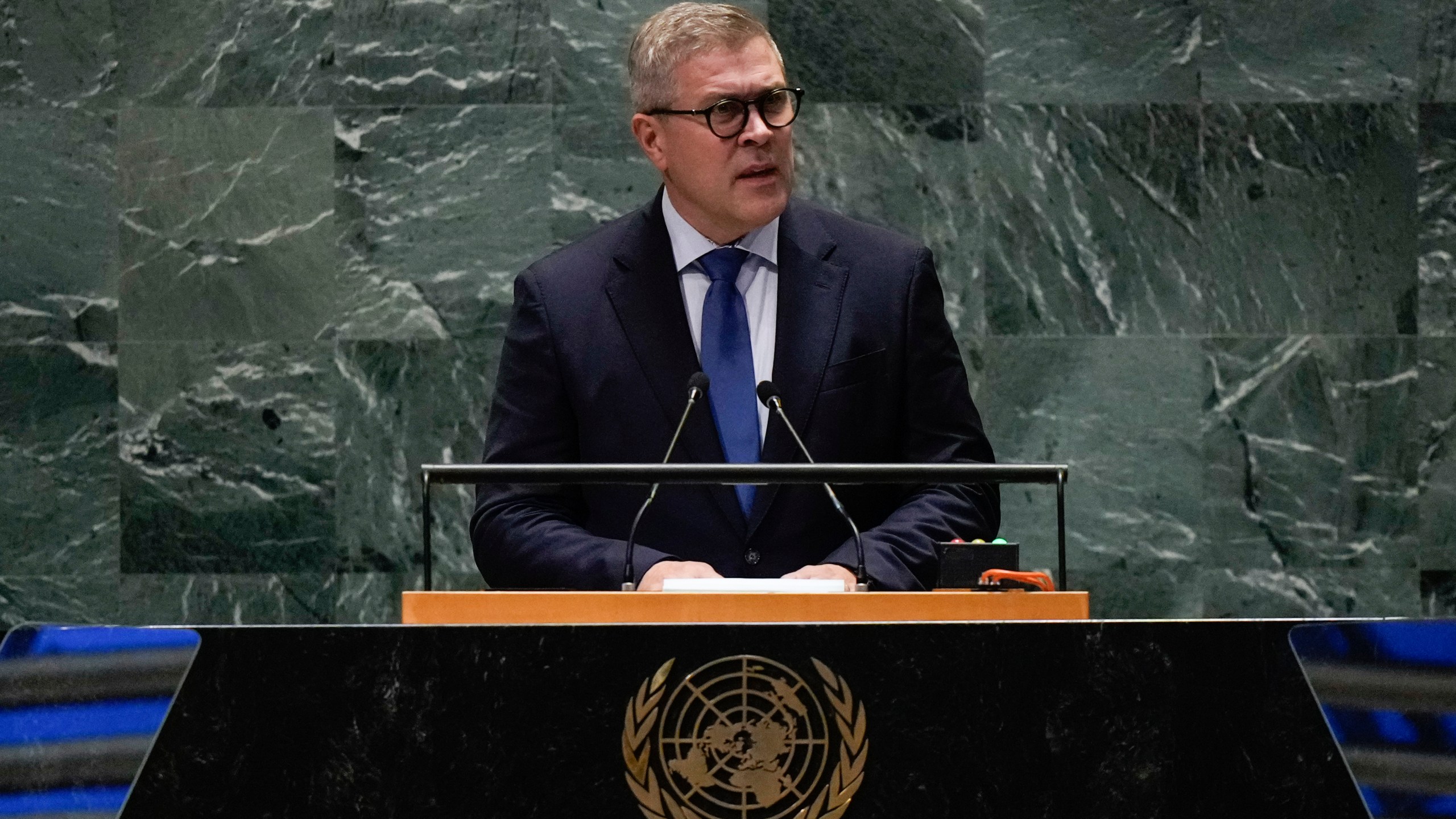 Prime Minister of Iceland Bjarni Benediktsson speaks to the United Nations General Assembly during Summit of the Future, Sunday, Sept. 22, 2024 at U.N. headquarters. (AP Photo/Frank Franklin II)