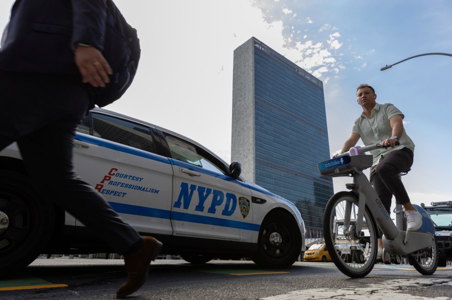 A NYPD patrol car parks across the street from the United Nations Headquarters, Saturday Sept. 21, 2024. (AP Photo/Stefan Jeremiah)