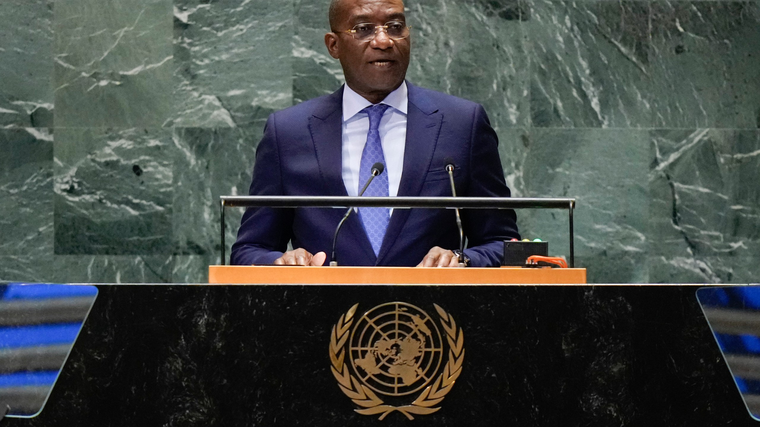 Congo's Deputy Prime Minister Guylain Nyembo Mbwizya speaks to the United Nations General Assembly during Summit of the Future, Sunday, Sept. 22, 2024 at U.N. headquarters. (AP Photo/Frank Franklin II)