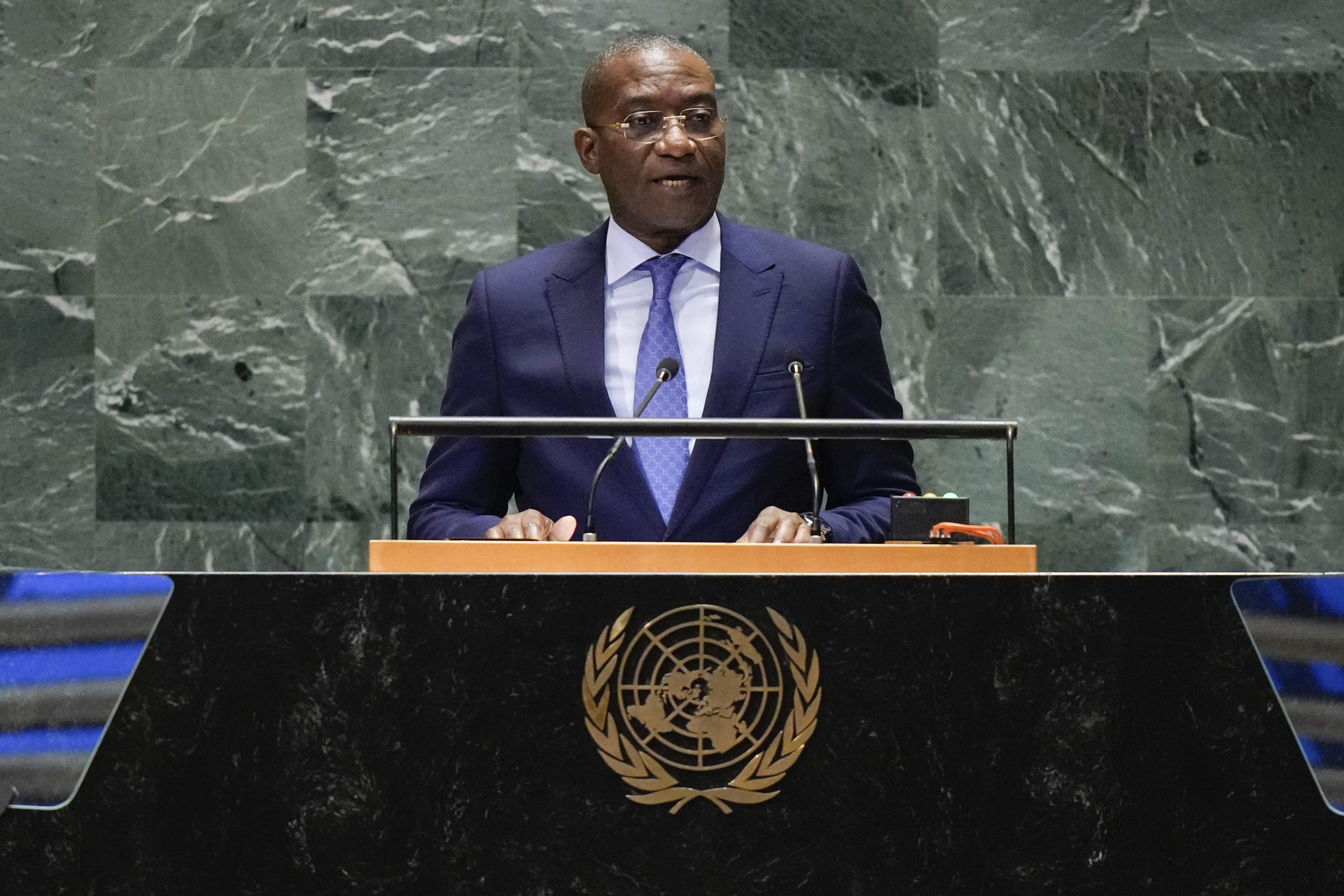 Congo's Deputy Prime Minister Guylain Nyembo Mbwizya speaks to the United Nations General Assembly during Summit of the Future, Sunday, Sept. 22, 2024 at U.N. headquarters. (AP Photo/Frank Franklin II)