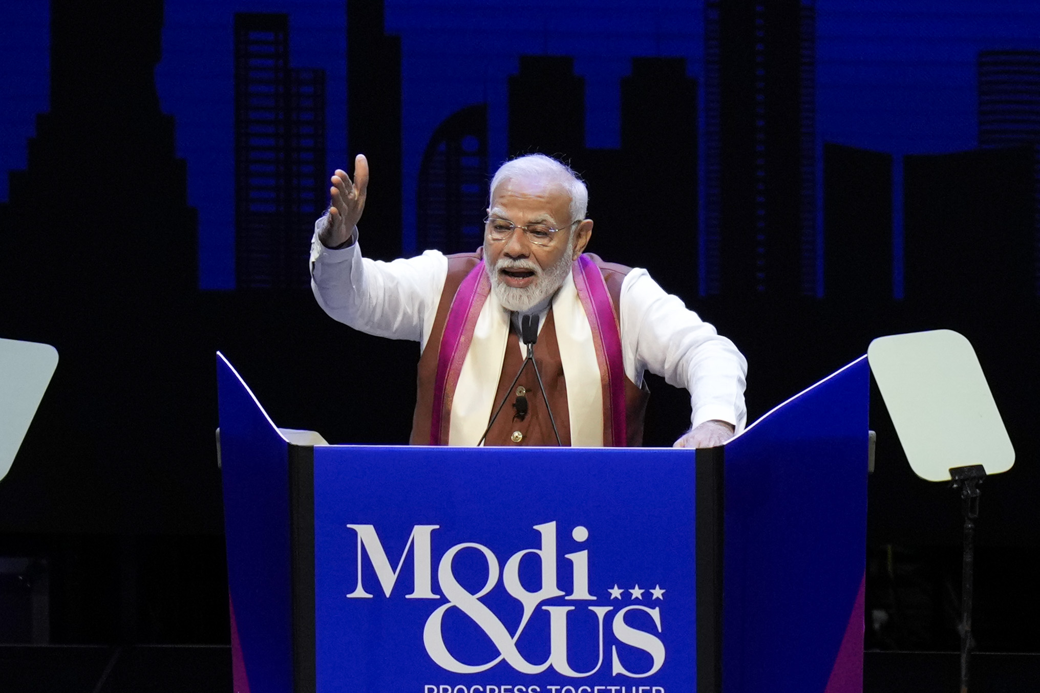 Narendra Modi, Prime Minister of India, speaks at an event in Uniondale, N.Y., Sunday, Sept. 22, 2024. (AP Photo/Seth Wenig)