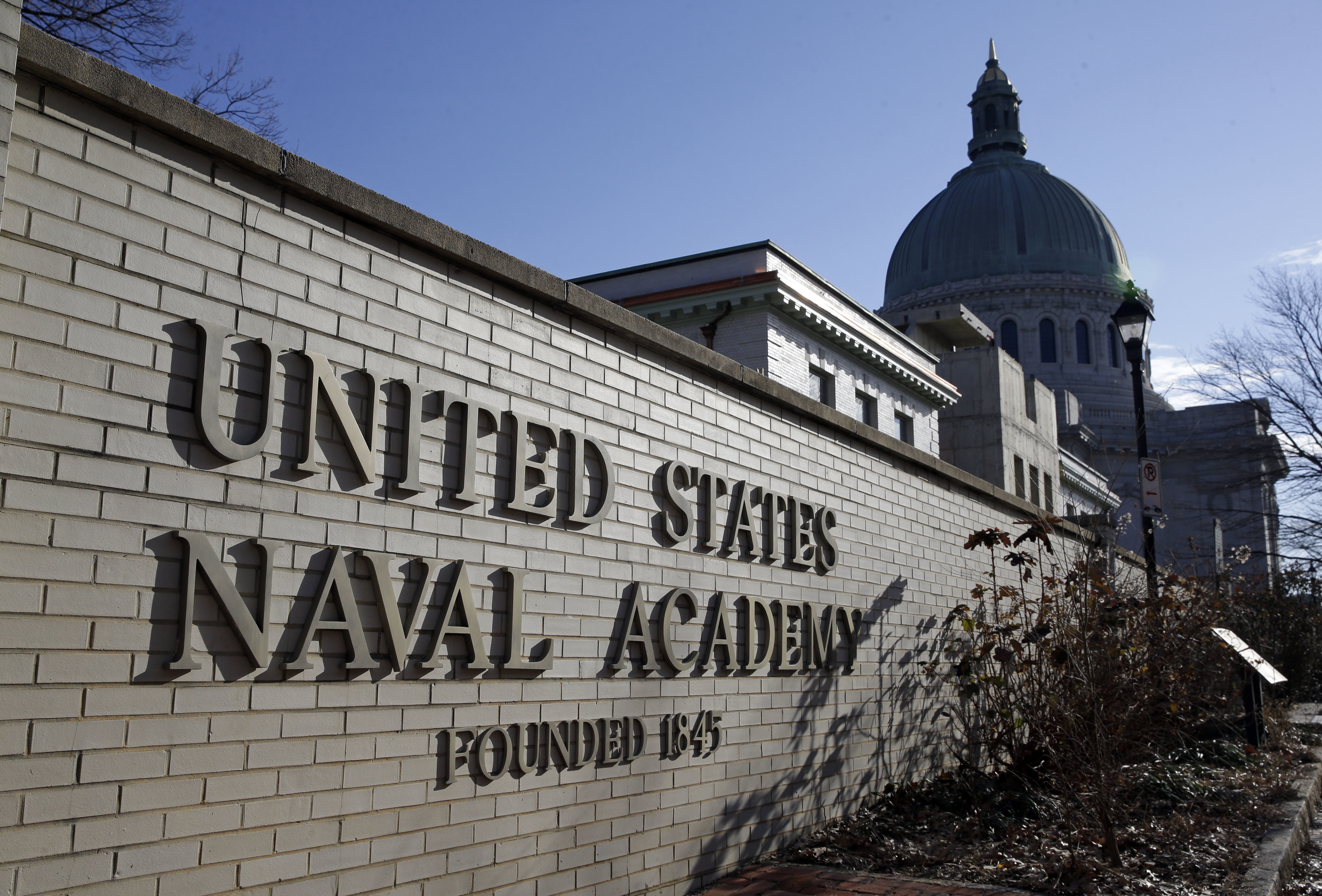 FILE - An entrance to the U.S. Naval Academy campus in Annapolis, Md., is seen Jan. 9, 2014. (AP Photo/Patrick Semansky, File)