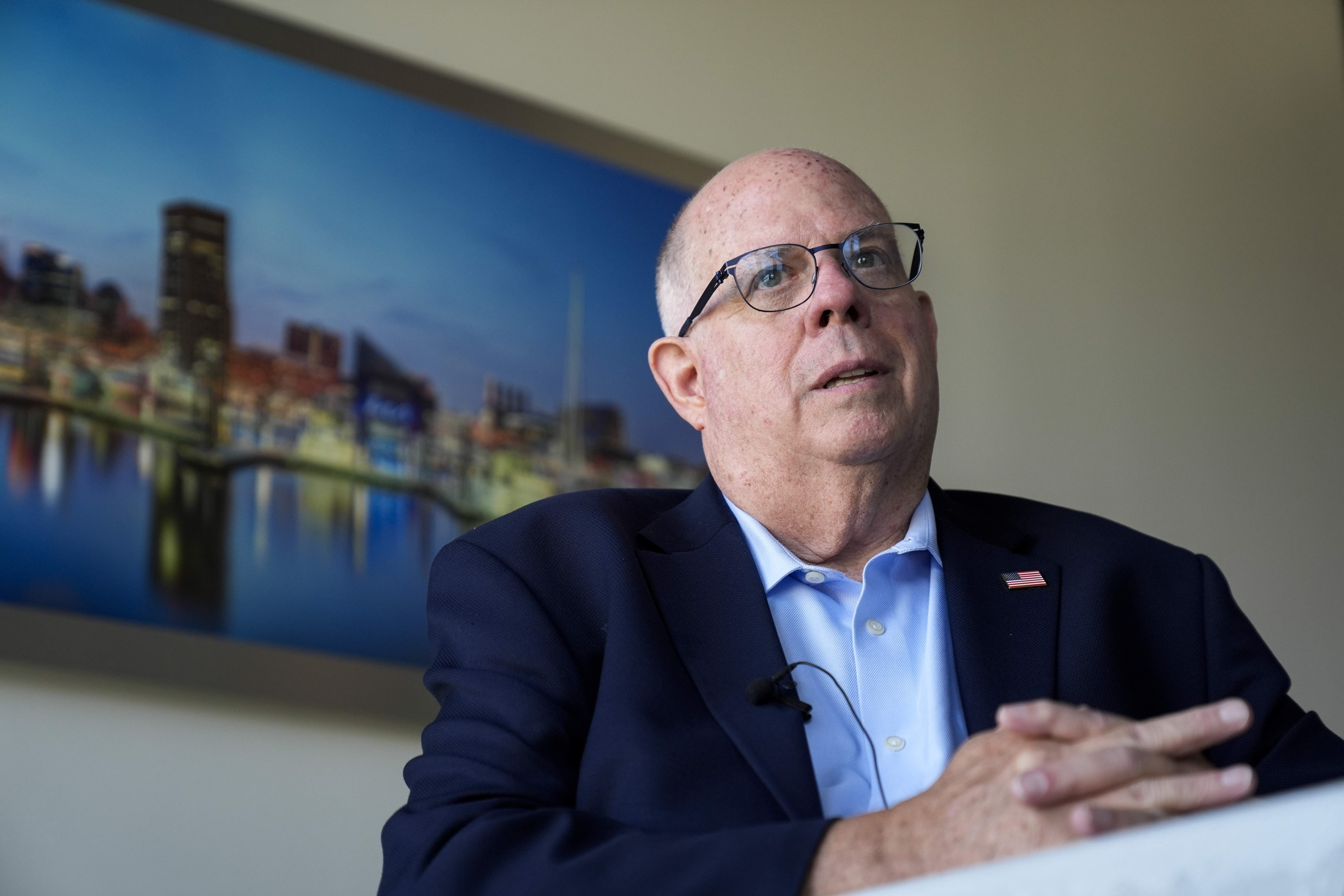 Senate candidate former Maryland Gov. Larry Hogan speaks during an interview with The Associated Press, Tuesday, Aug. 27, 2024, in Annapolis, Md. (AP Photo/Stephanie Scarbrough)