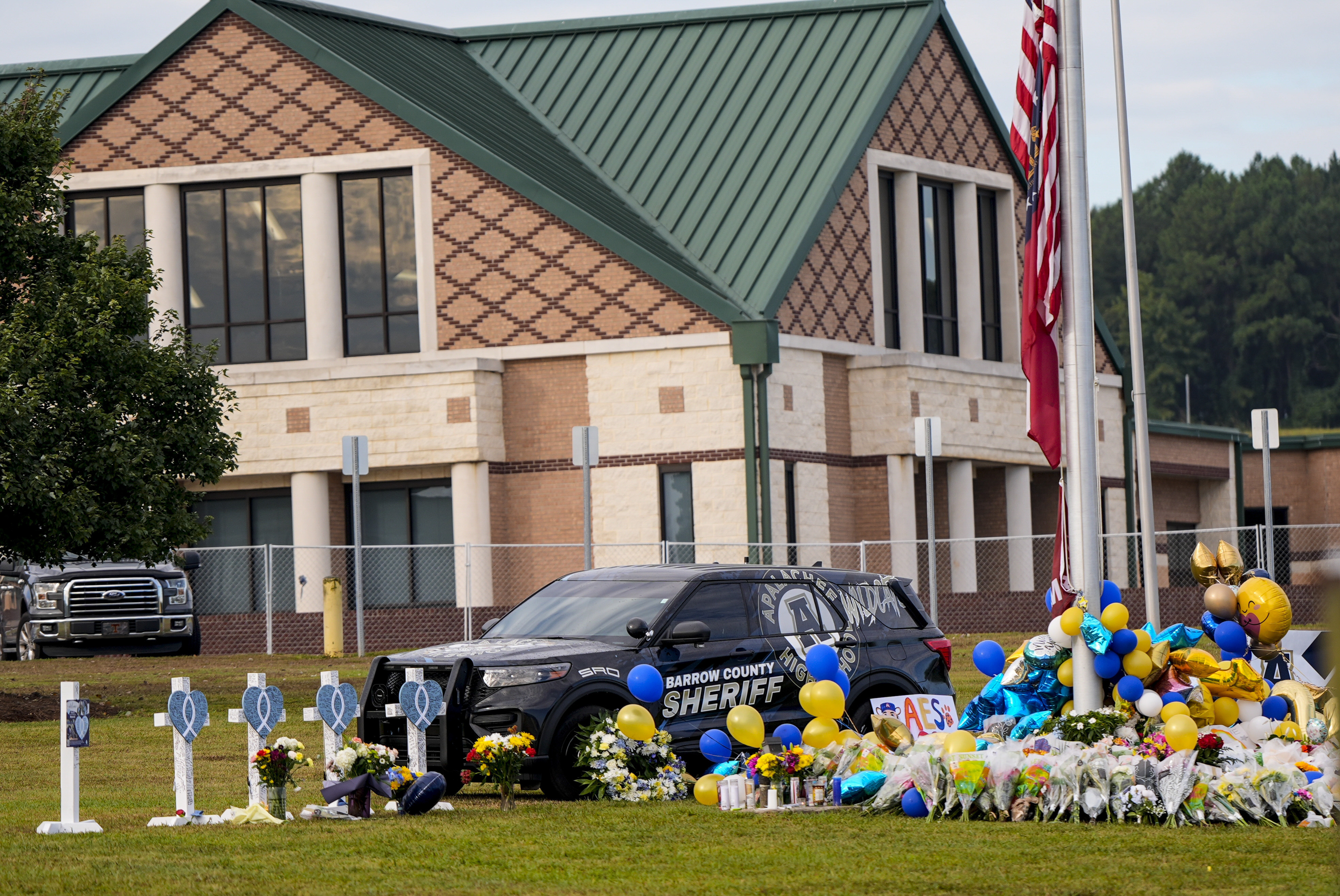 FILE - A memorial is seen at Apalachee High School after the Wednesday school shooting, Saturday, Sept. 7, 2024, in Winder, Ga. (AP Photo/Mike Stewart, File)