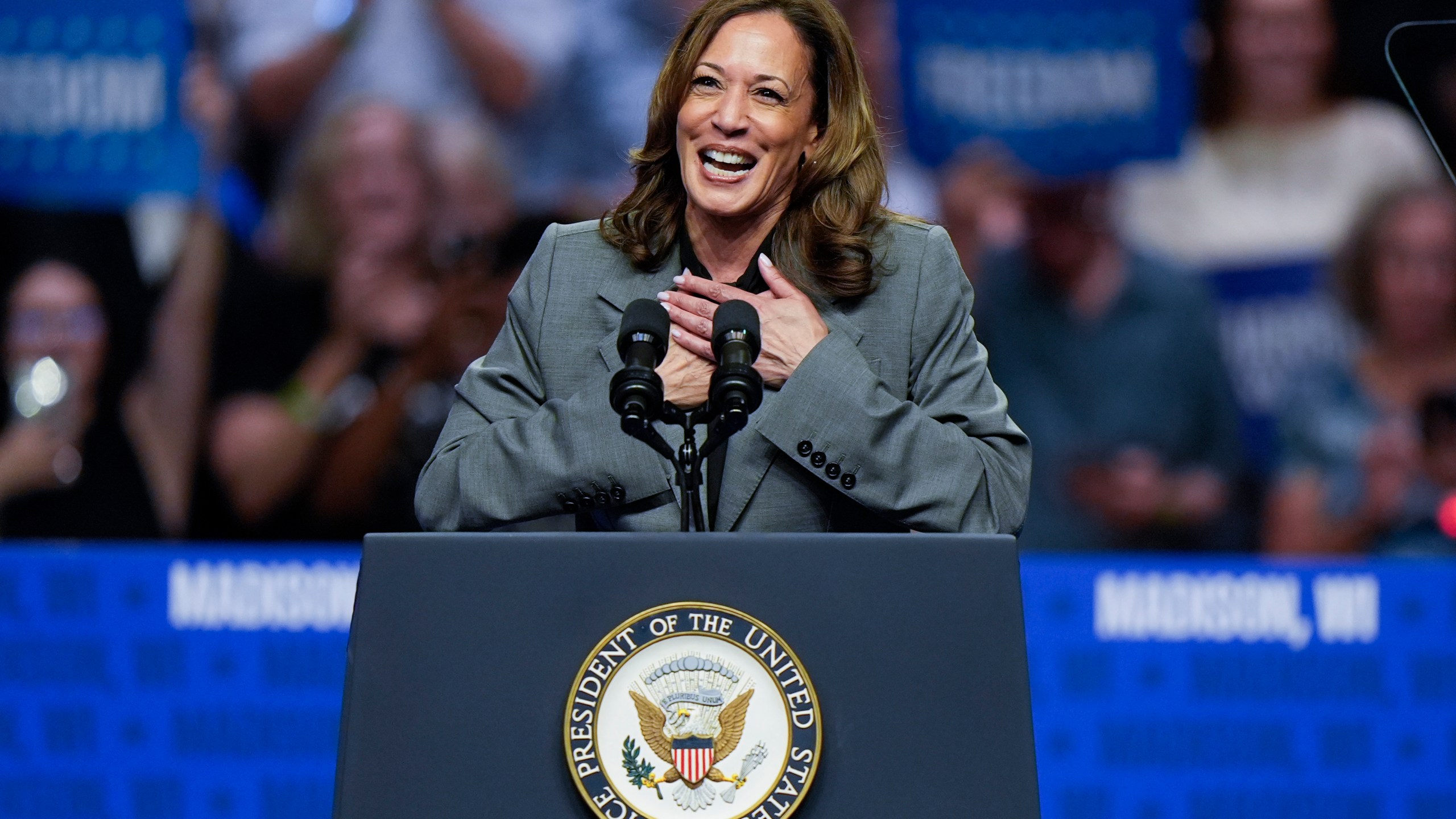 FILE - Democratic presidential nominee Vice President Kamala Harris speaks at a campaign event Sept. 20, 2024, in Madison, Wis. (AP Photo/Morry Gash)