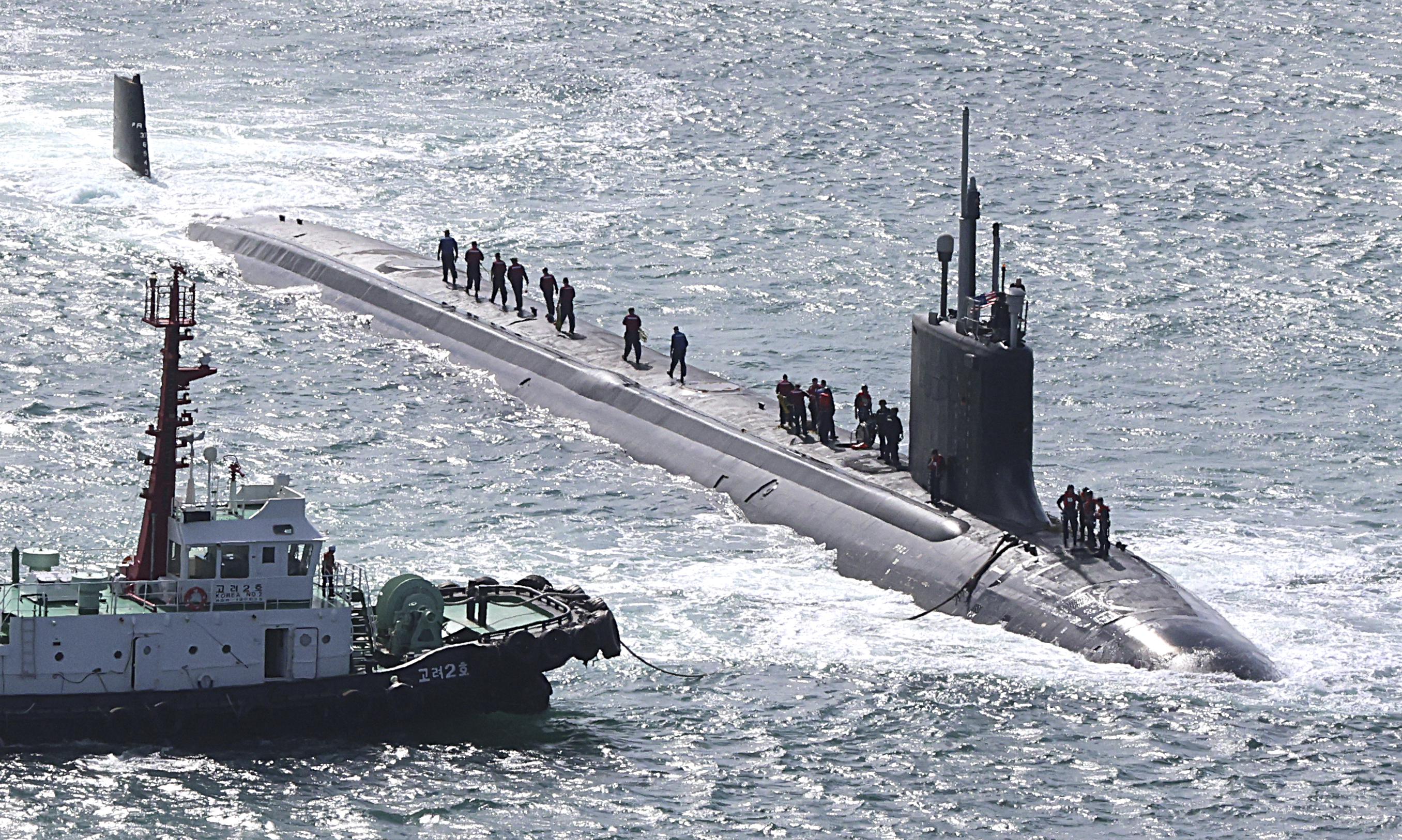 The USS Vermont, a nuclear-powered and fast-attack submarine, enters a naval base in Busan, South Korea, Monday, Sept. 23, 2024. (Gang Sun-bae/Yonhap via AP)