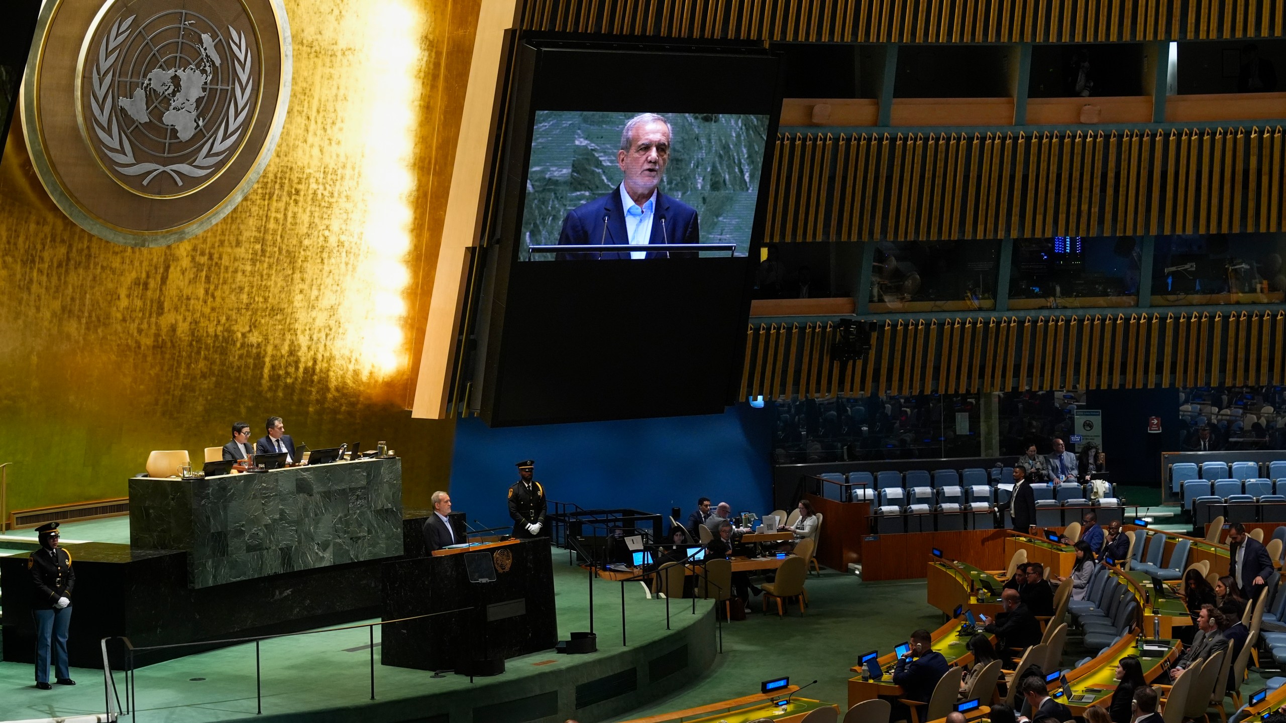 Masoud Pezeshkian, President of Iran, addresses the 79th session of the United Nations General Assembly at United Nations headquarters, Tuesday, Sept. 24, 2024. (AP Photo/Seth Wenig)