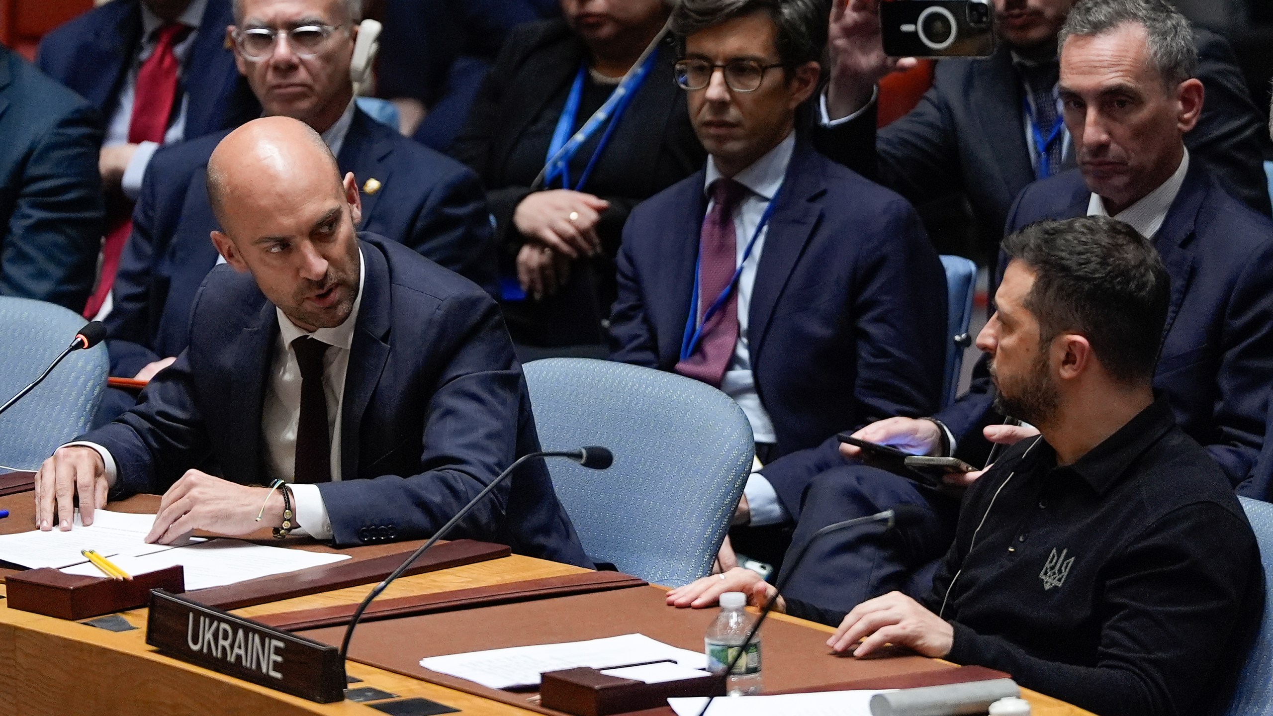 French Foreign Minister Jean-Noël Barrot, left, talks with Ukraine President Volodymyr Zelenskyy, far right, before a Security Council meeting, Tuesday, Sept. 24, 2024, at UN headquarters. (AP Photo/Julia Demaree Nikhinson, Pool)