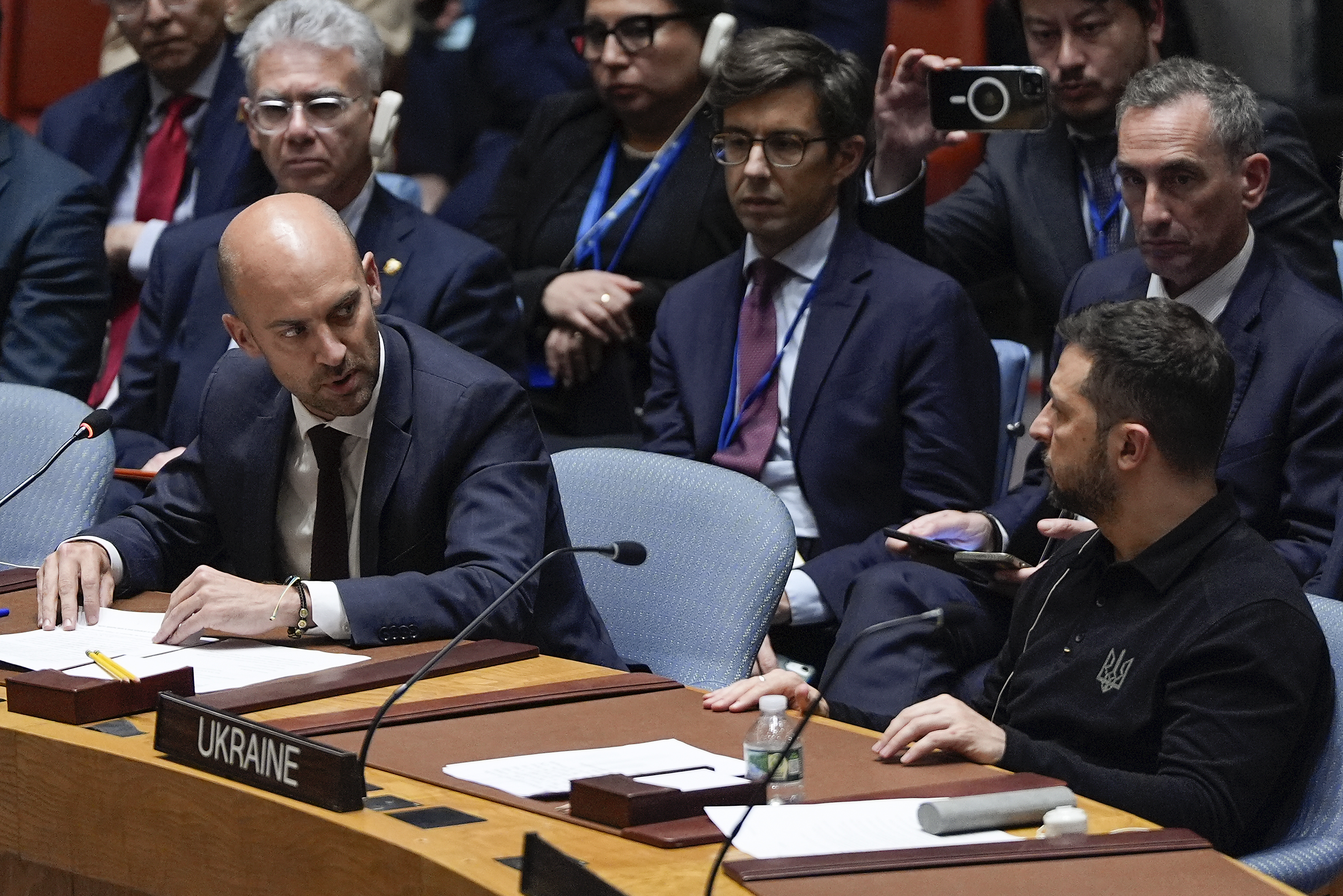 French Foreign Minister Jean-Noël Barrot, left, talks with Ukraine President Volodymyr Zelenskyy, far right, before a Security Council meeting, Tuesday, Sept. 24, 2024, at UN headquarters. (AP Photo/Julia Demaree Nikhinson, Pool)