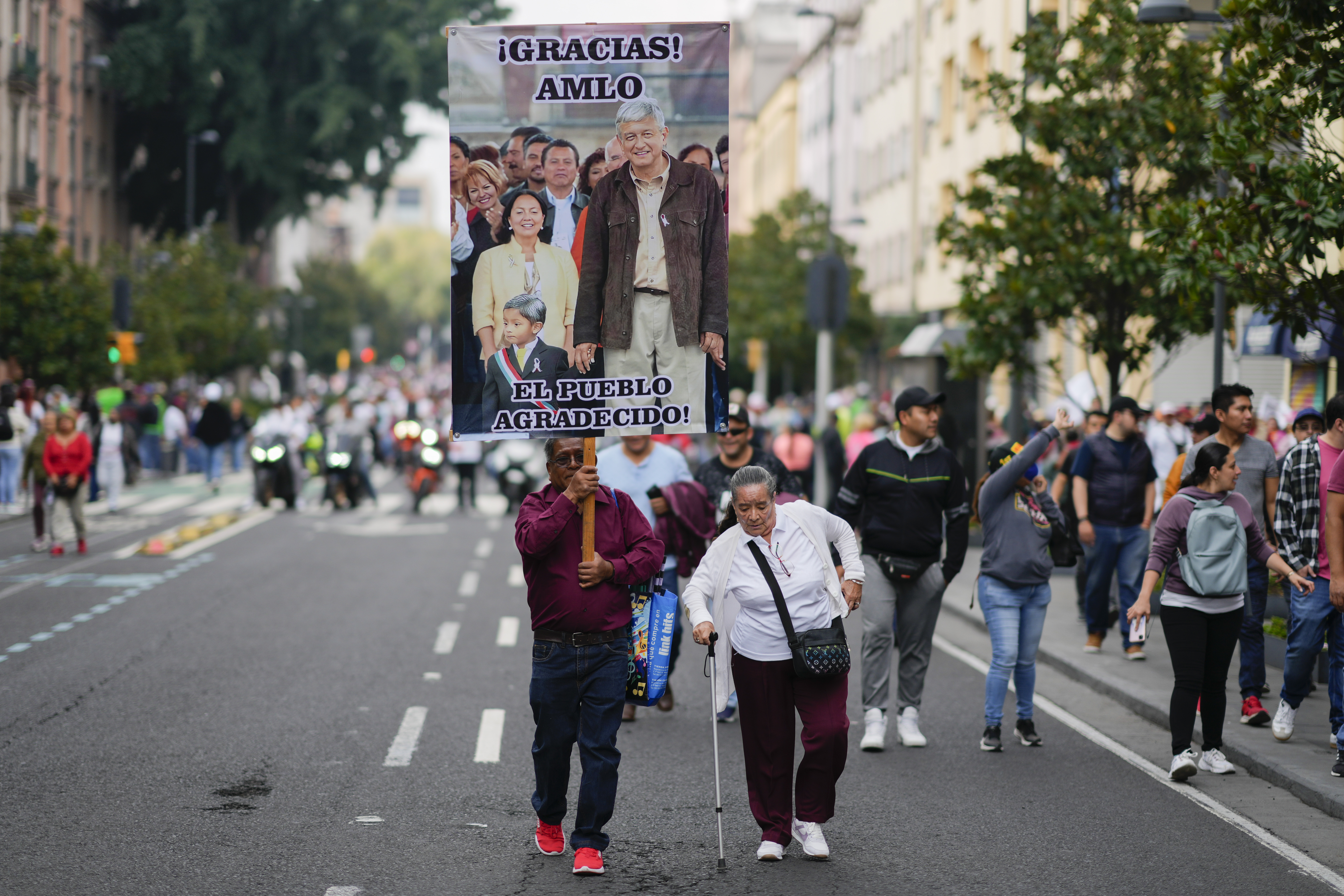 FILE - People arrive to the Zocalo for outgoing Mexican President Andres Manuel Lopez Obrador's last State of the Nation address in Mexico City, Sept. 1, 2024. (AP Photo/Eduardo Verdugo, File)