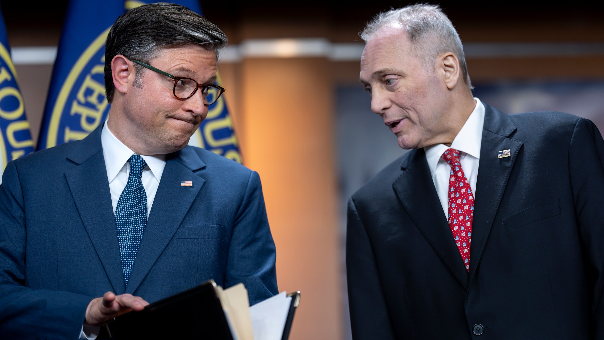 Speaker of the House Mike Johnson, R-La., left, confers with House Majority Leader Steve Scalise, R-La., as they meet with reporters after a closed-door meeting with fellow Republicans, at the Capitol in Washington, Tuesday, Sept. 24, 2024. (AP Photo/J. Scott Applewhite)