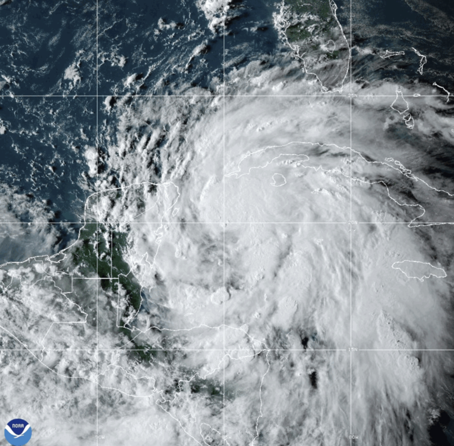 This National Oceanic and Atmospheric Administration satellite image taken at 6:10pm ET shows Tropical Storm Helene off the Gulf Coast of Florida near Mexico and Cuba on Tuesday, Sept. 24, 2024. (NOAA via AP)