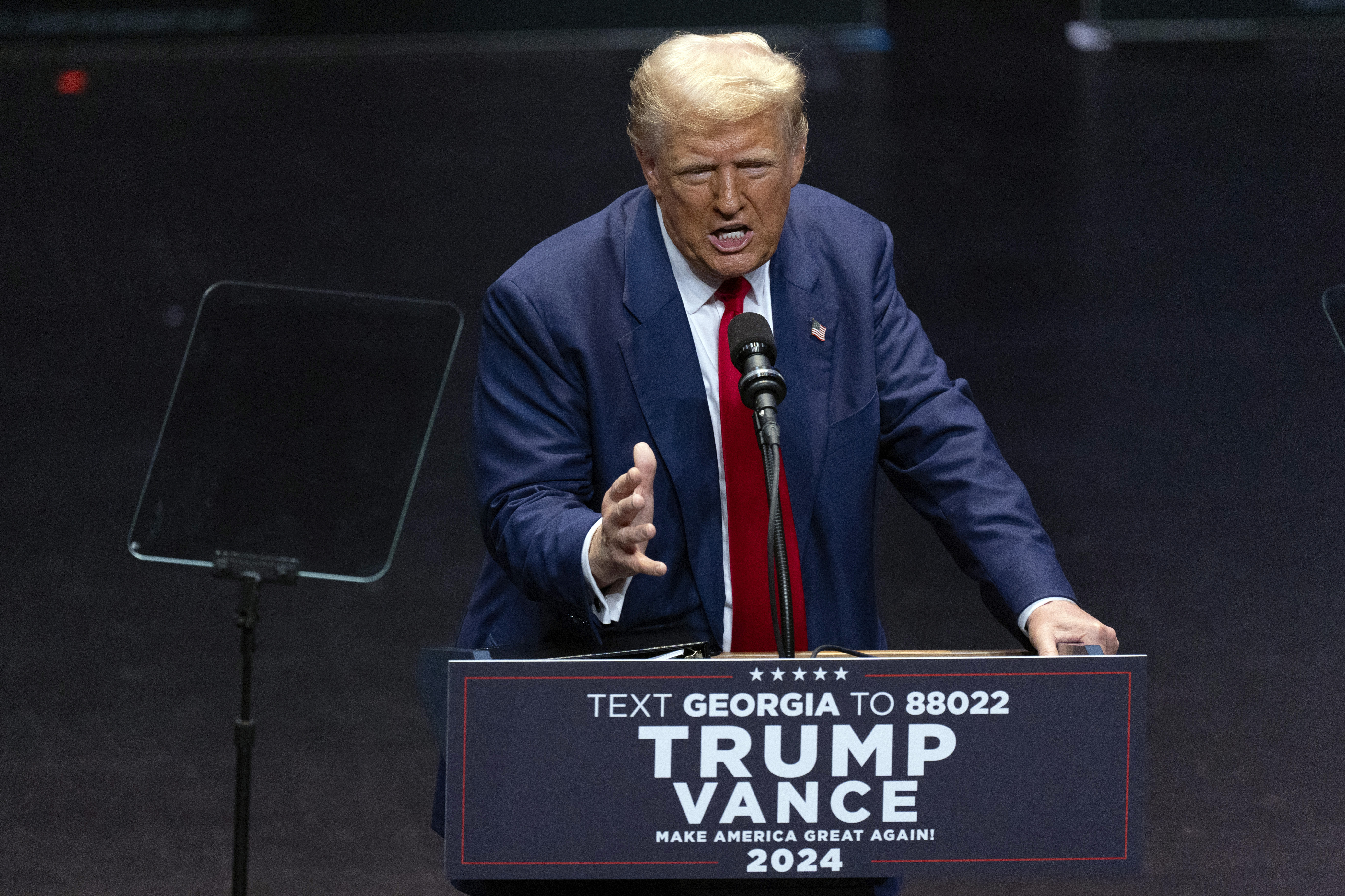 Republican presidential nominee former President Donald Trump speaks during a rally Tuesday, Sept. 24, 2024, in Savannah, Ga. (AP Photo/John Bazemore)