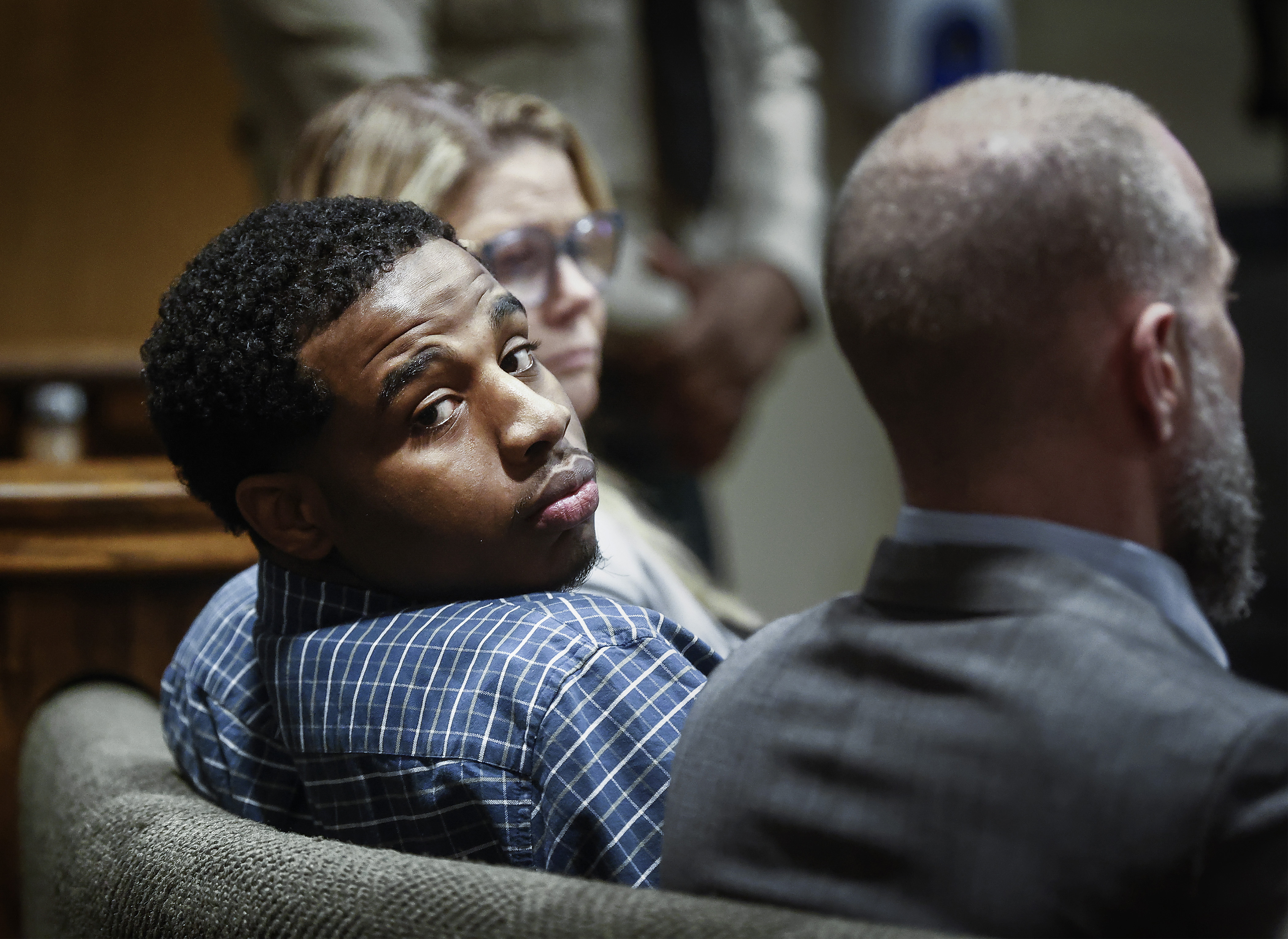 Defendant Justin Johnson, center, was found guilty of murder in the death of Memphis rapper Young Dolph, in court in Memphis, Tenn., on Thursday, Sept. 26, 2024. (Mark Weber/Daily Memphian via AP, Pool)