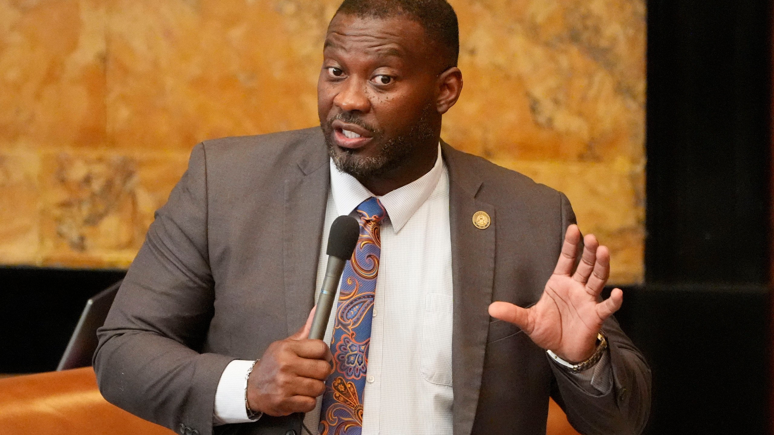 FILE - Mississippi State Rep. Bryant Clark, D-Pickens, asks a question of a committee chairman on the House Chamber floor during debate over a bill at the State Capitol in Jackson, Miss., March 26, 2024. (AP Photo/Rogelio V. Solis, File)