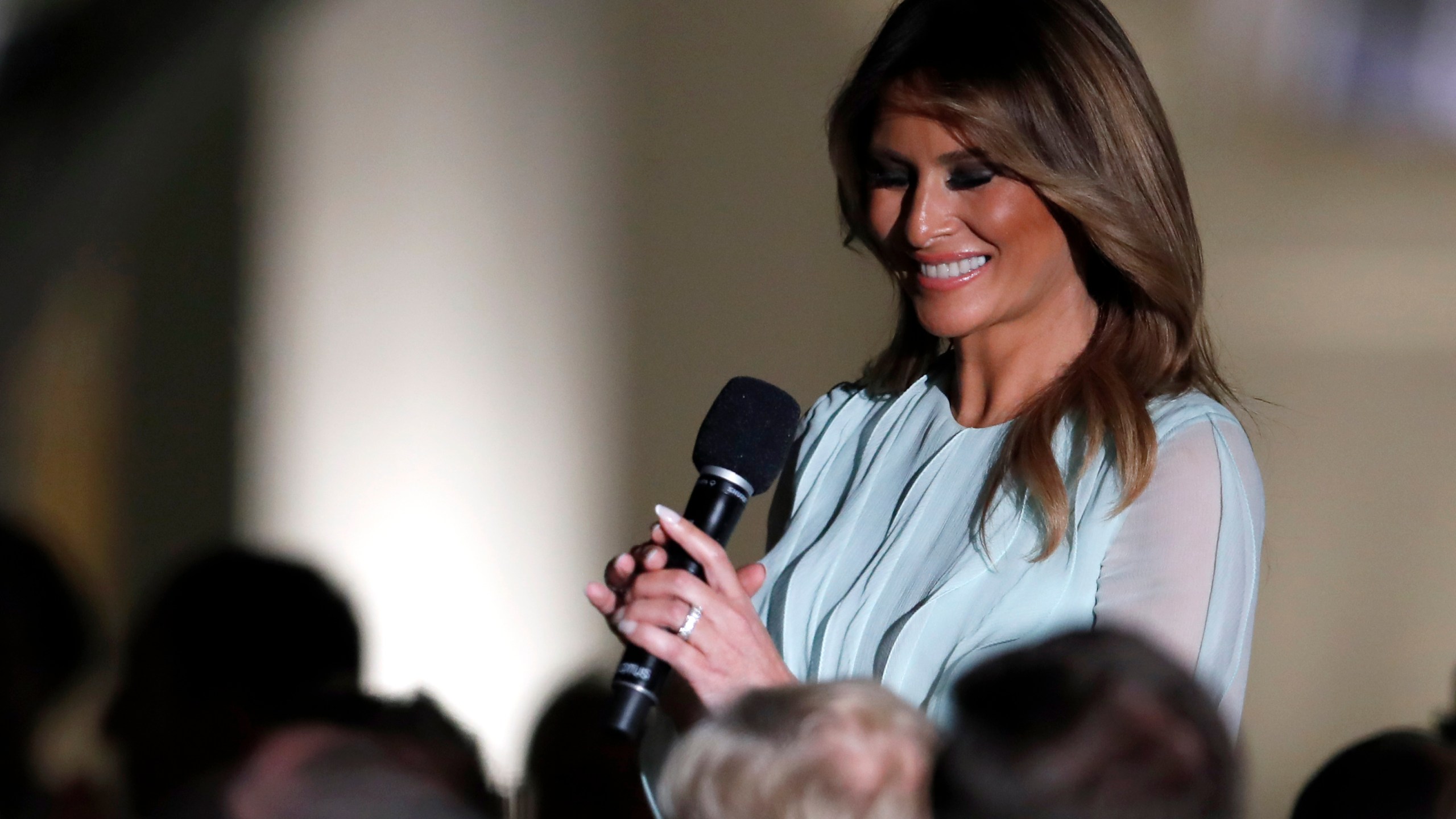 FILE - First lady Melania Trump speaks during a State Dinner in the Rose Garden at the White House, Sept. 20, 2019, in Washington. (AP Photo/Alex Brandon, File)