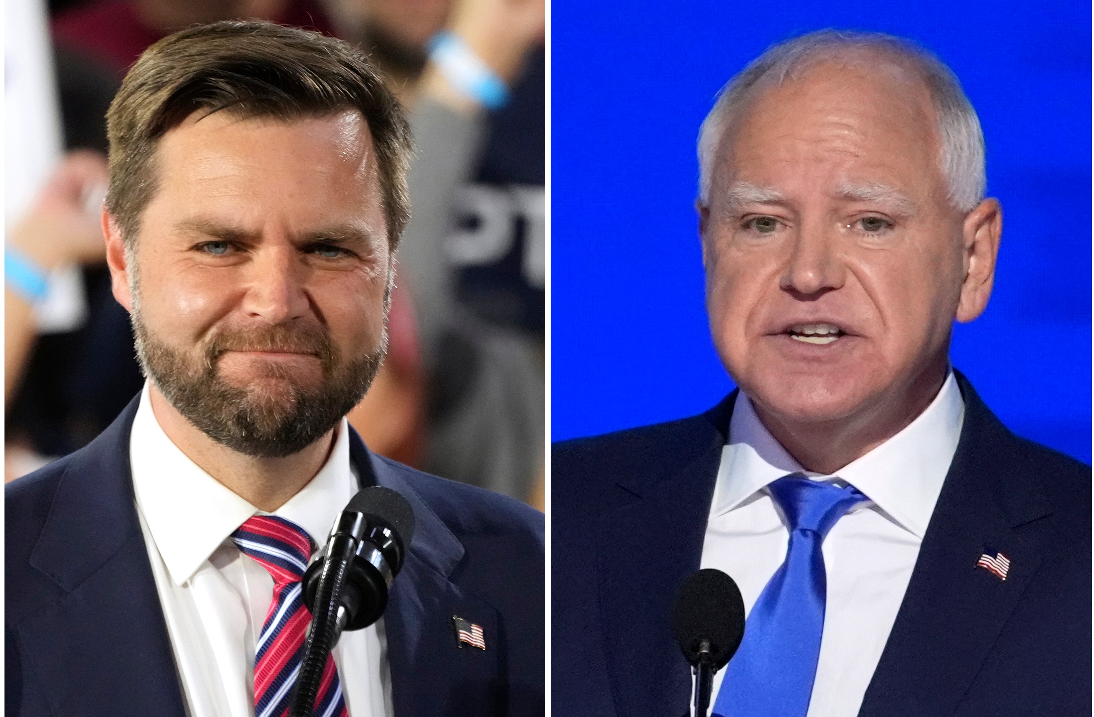 This combination of images shows Republican vice presidential nominee Sen. JD Vance, R-Ohio, at left in Erie, Pa., Aug. 28, 2024, and Democratic vice presidential candidate Minnesota Gov. Tim Walz speaking at the DNC in Chicago, Aug. 21, 2024, in Chicago. (AP Photo)