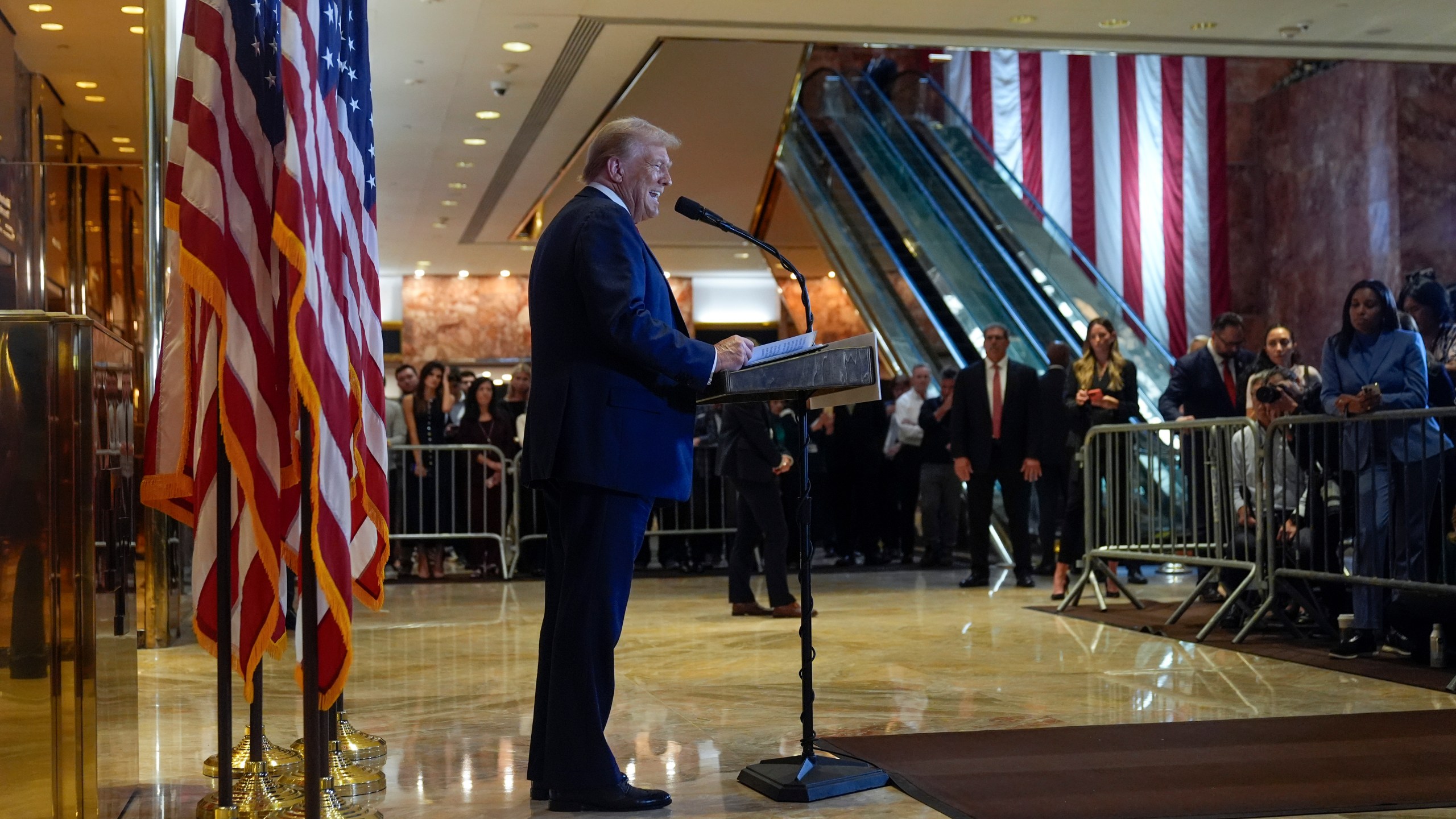 Republican presidential nominee former President Donald Trump speaks at Trump Tower in New York, Thursday, Sept. 26, 2024. (Seth Wenig)