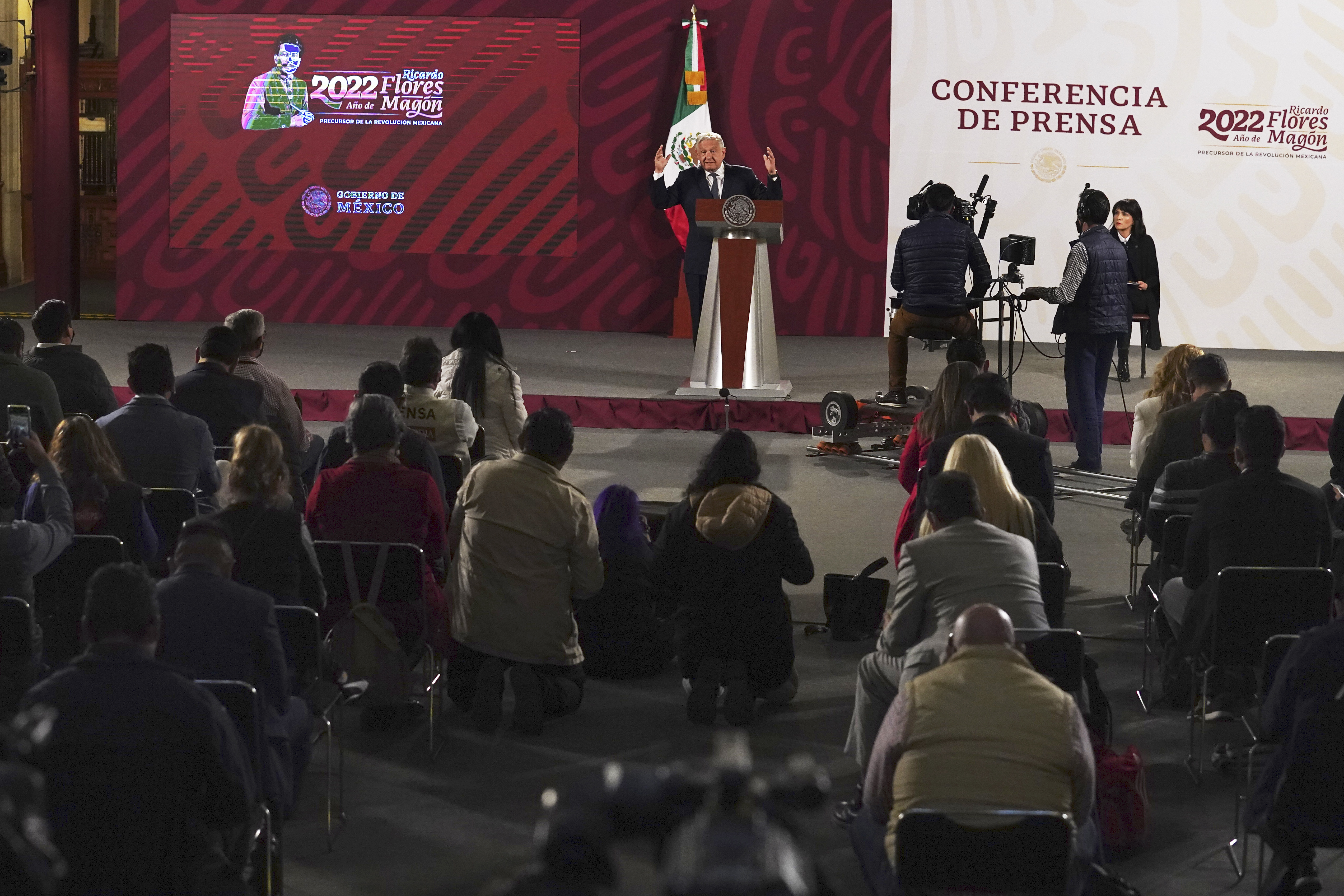 FILE - Mexico's President Andres Manuel Lopez Obrador speaks during his daily press conference at the National Palace, in Mexico City, June 22, 2022. (AP Photo/Marco Ugarte, File)