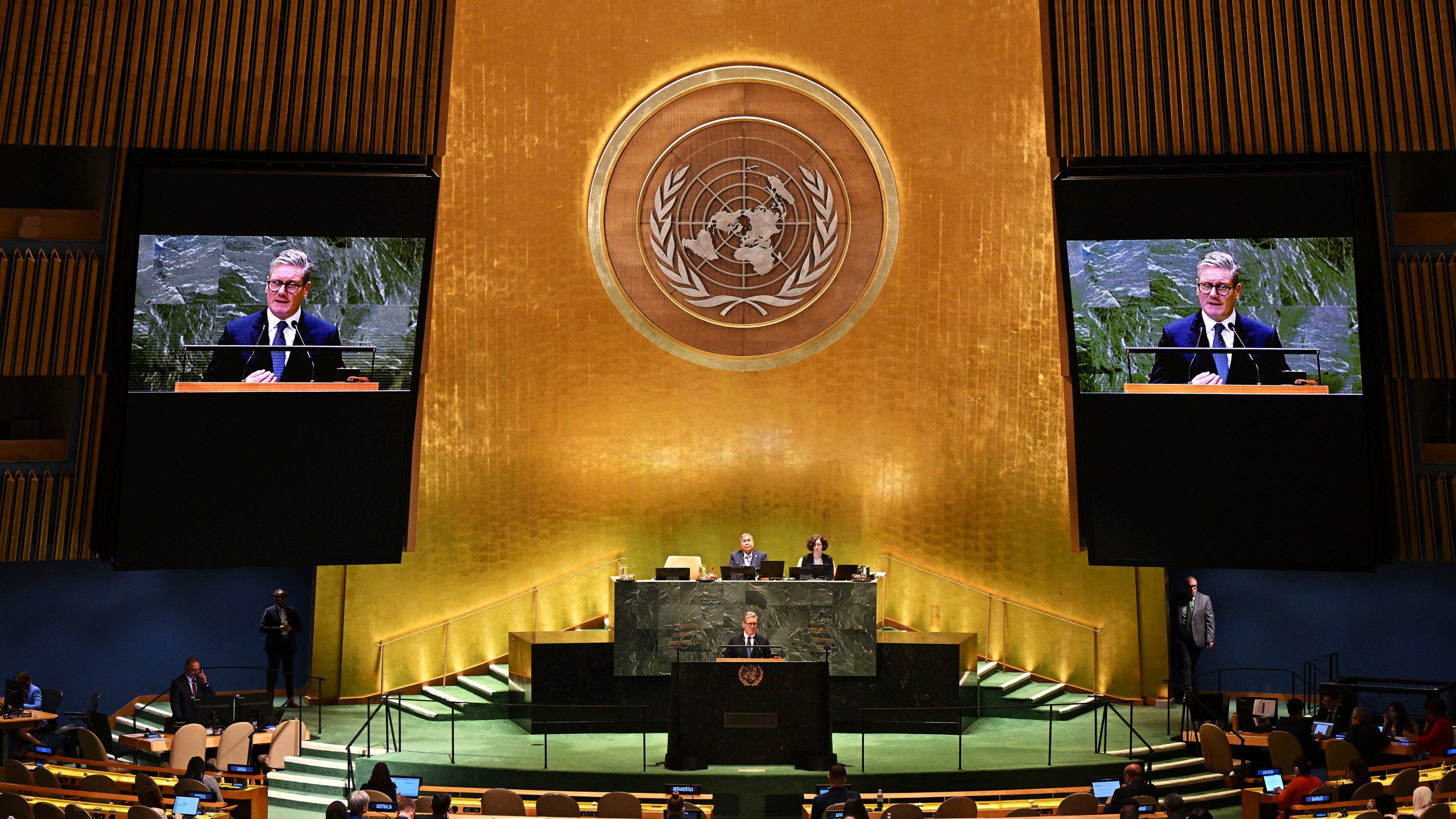 Britain's Prime Minister Keir Starmer addresses the 79th session of the United Nations General Assembly, Thursday, Sept. 26, 2024, at U.N. headquarters. (Leon Neal/Pool Photo via AP)