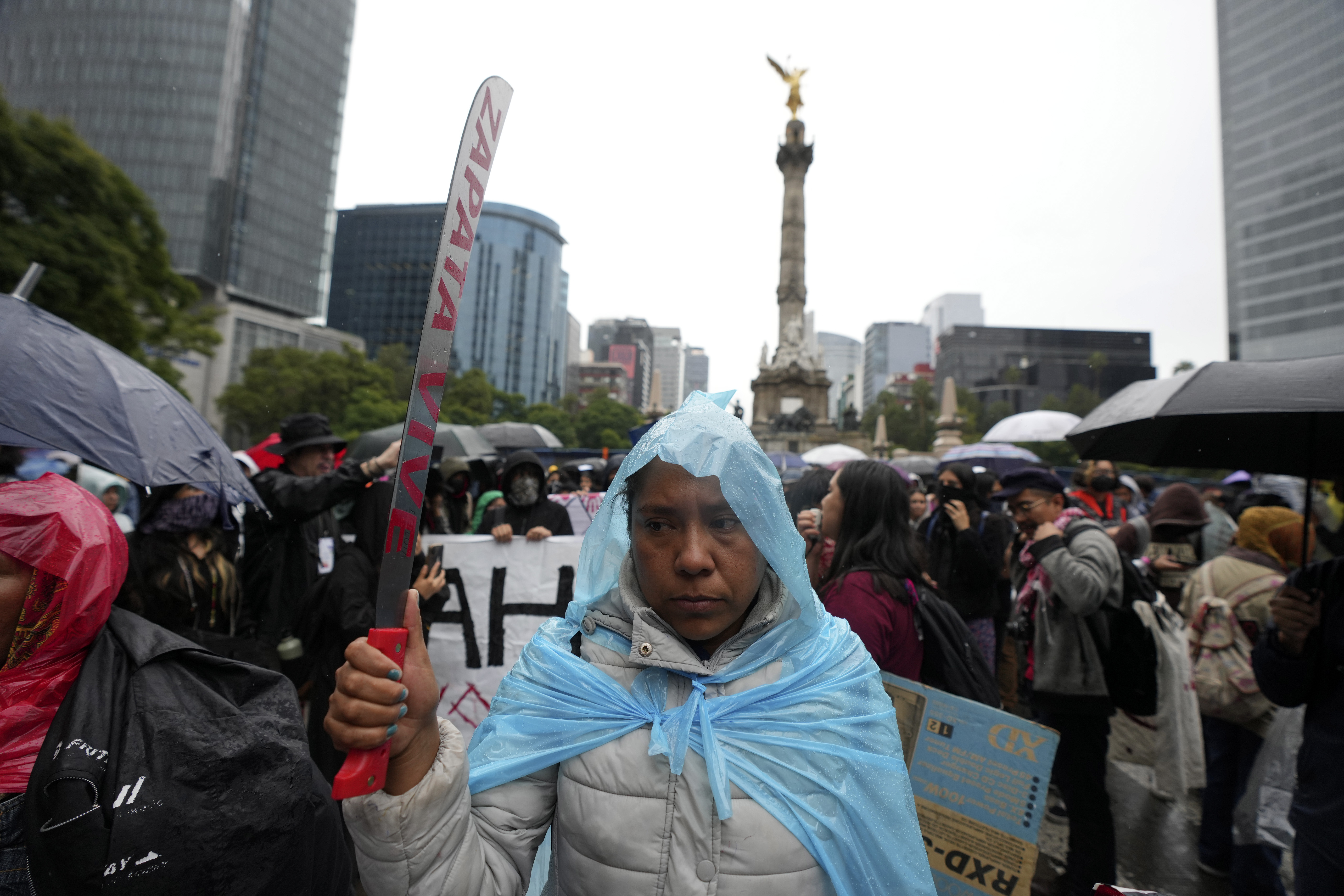 Families and friends take part in a demonstration marking the 10-year anniversary of the disappearance of 43 students from an Ayotzinapa rural teacher's college, in Mexico City, Thursday, Sept. 26, 2024. (AP Photo/Fernando Llano)