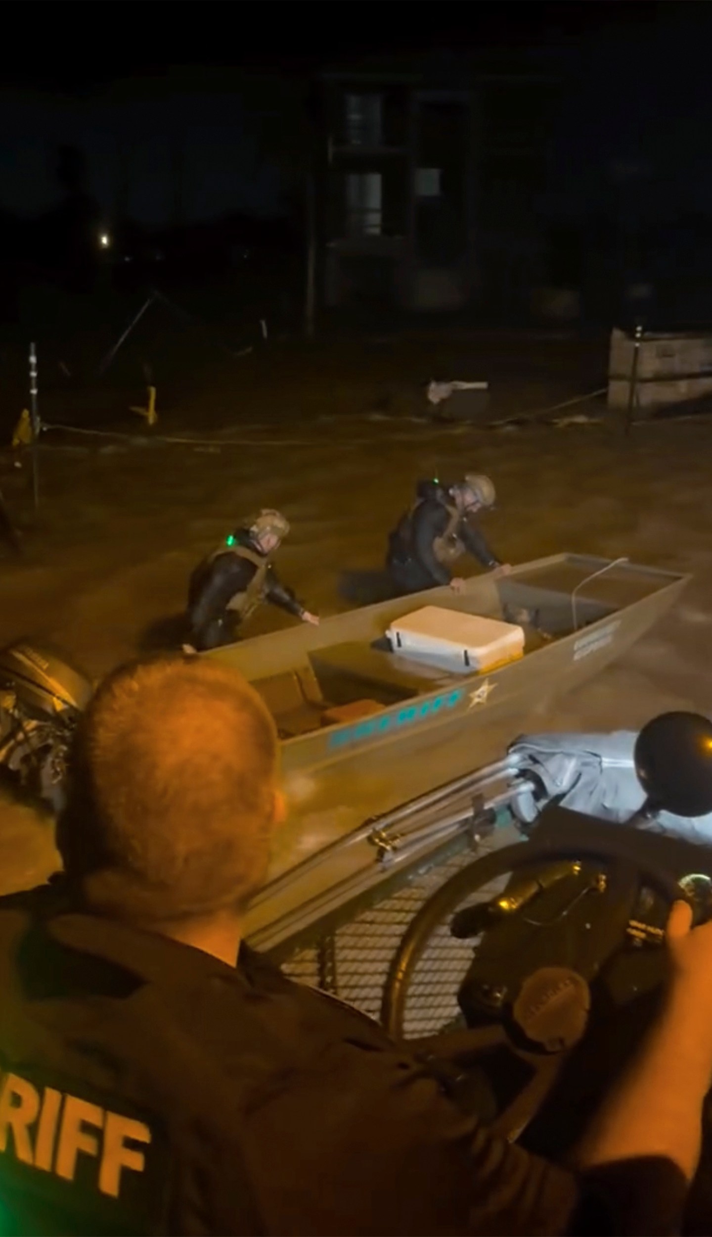 Lee County Sheriff's deputies dispatch a rescue boat to search for people trapped by floodwaters by Hurricane Helene in Fort Myers Beach, Fla., on Thursday, Sept. 26, 2024. (Lee County Sheriff's Office via AP)