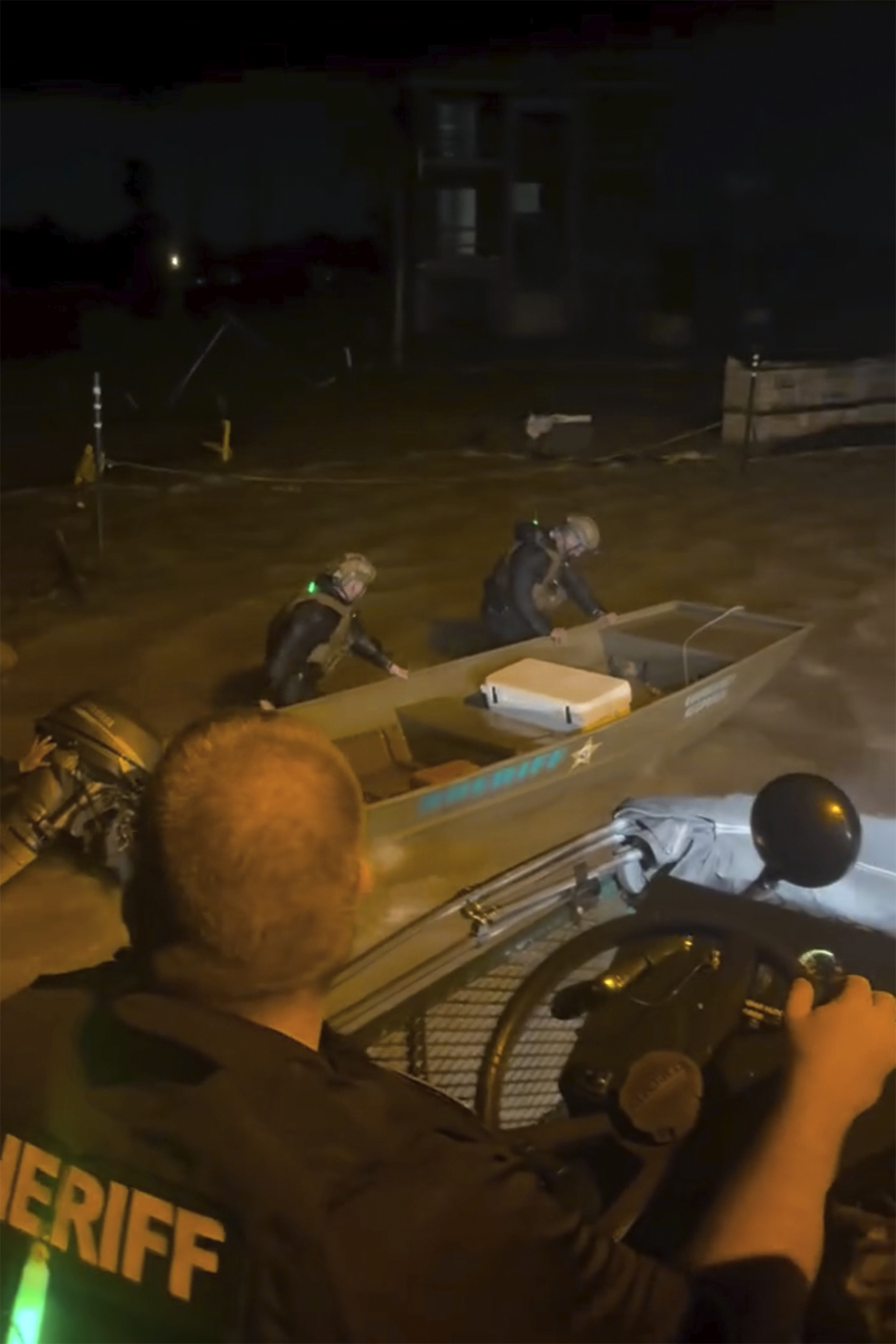 Lee County Sheriff's deputies dispatch a rescue boat to search for people trapped by floodwaters by Hurricane Helene in Fort Myers Beach, Fla., on Thursday, Sept. 26, 2024. (Lee County Sheriff's Office via AP)