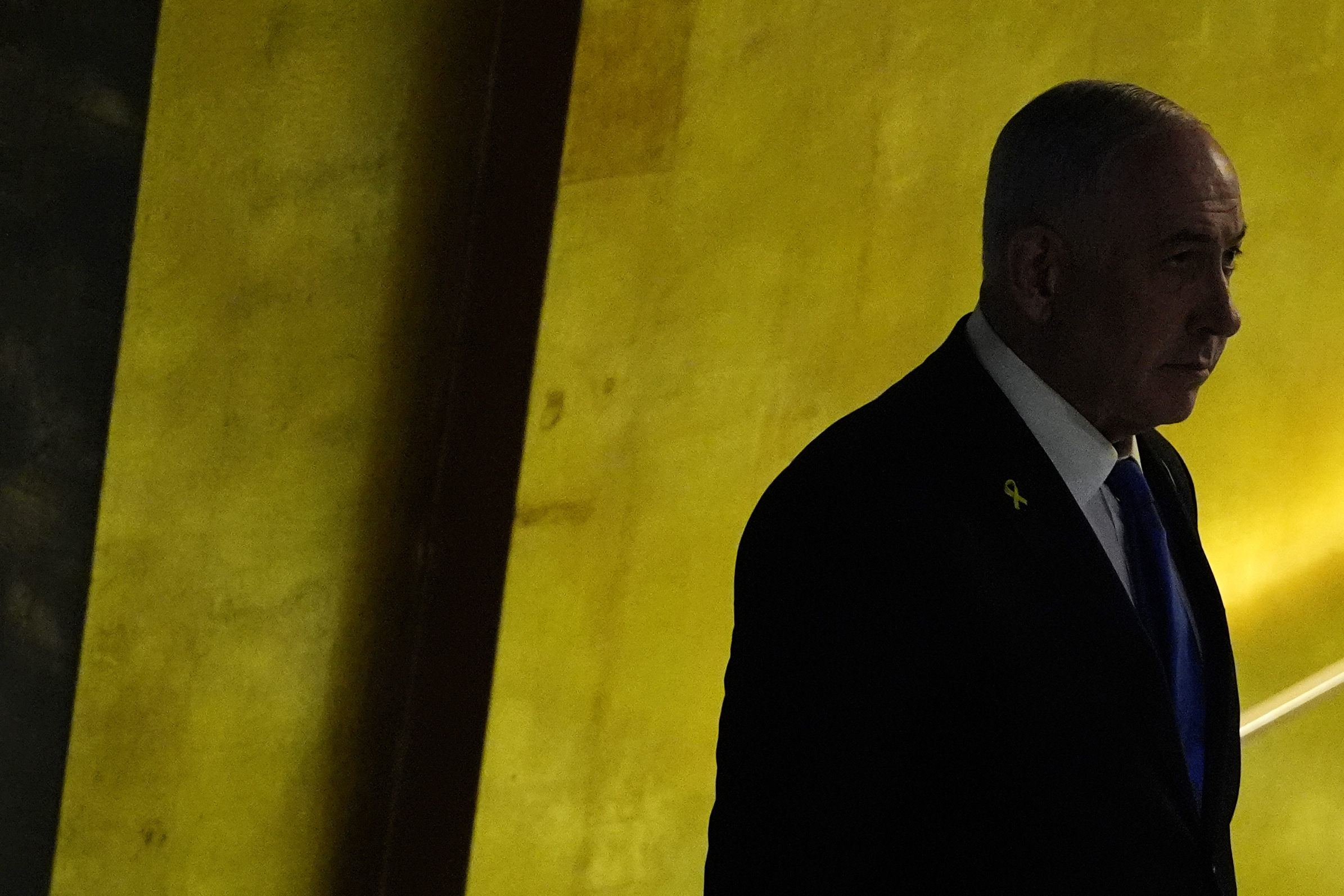 Prime Minister of Israel Benjamin Netanyahu enters the 79th session of the United Nations General Assembly, Friday, Sept. 27, 2024. (AP Photo/Pamela Smith)