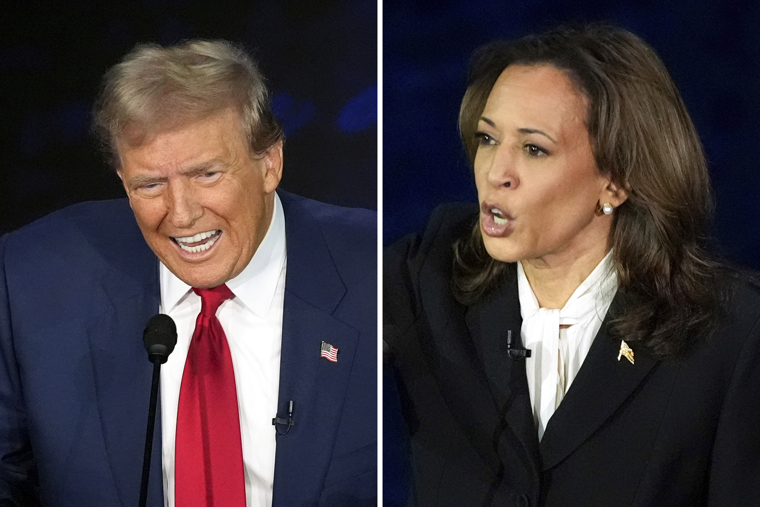 This combination of photos shows Republican presidential nominee former President Donald Trump, left, and Democratic presidential nominee Vice President Kamala Harris during an ABC News presidential debate at the National Constitution Center, Sept. 10, 2024, in Philadelphia. (AP Photo/Alex Brandon)