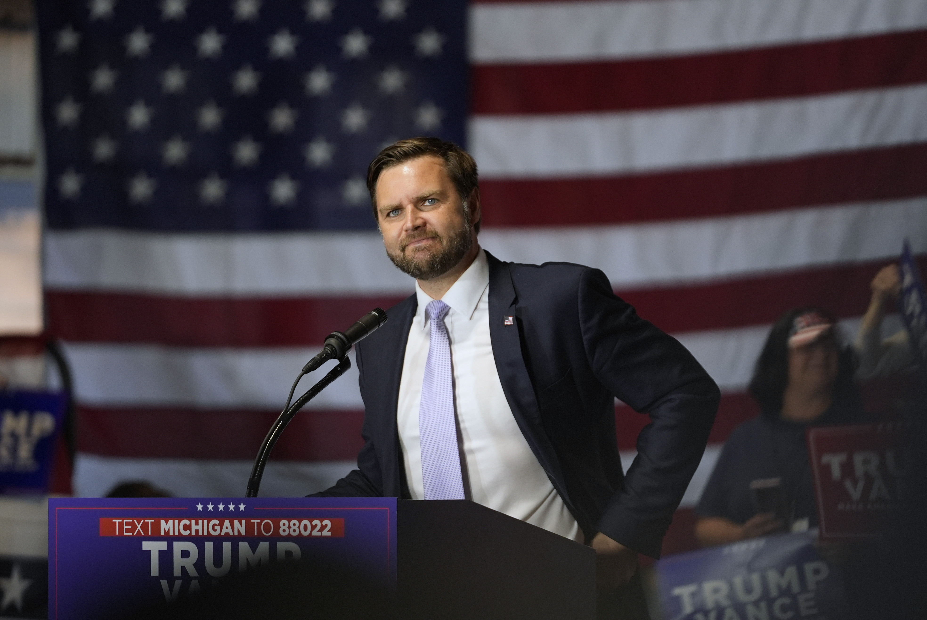 Republican vice presidential nominee Sen. JD Vance, R-Ohio, speaks at a campaign event Wednesday, Sept. 25, 2024, in Traverse City, Mich. (AP Photo/Paul Sancya)