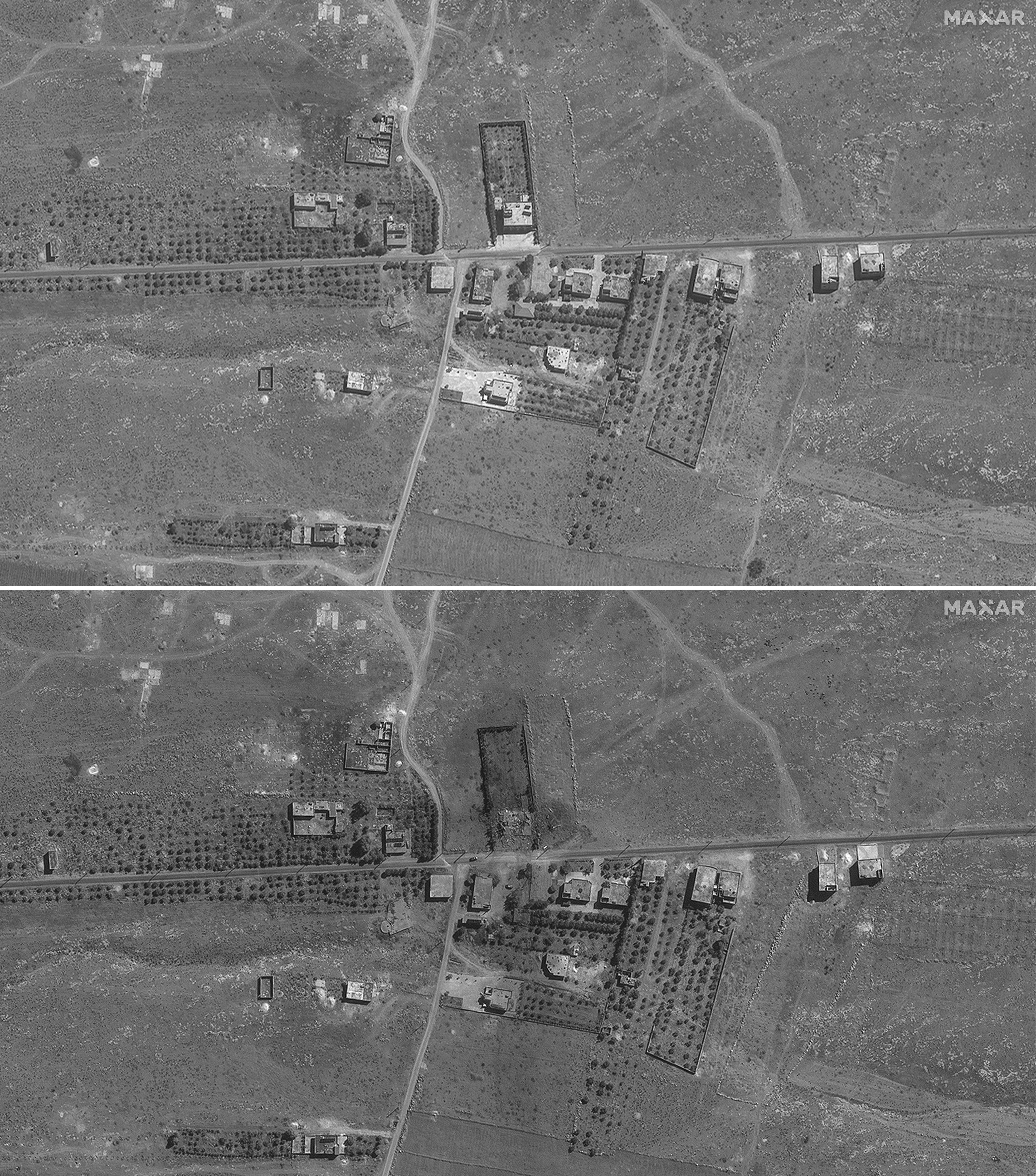 In this combination of the satellite images released by Maxar Technologies shows a view of northern Lebanon, on Aug. 9, 2024, before airstrikes, top, and on Sept. 26, 2024, after airstrikes. (Satellite image ©2024 Maxar Technologies via AP)