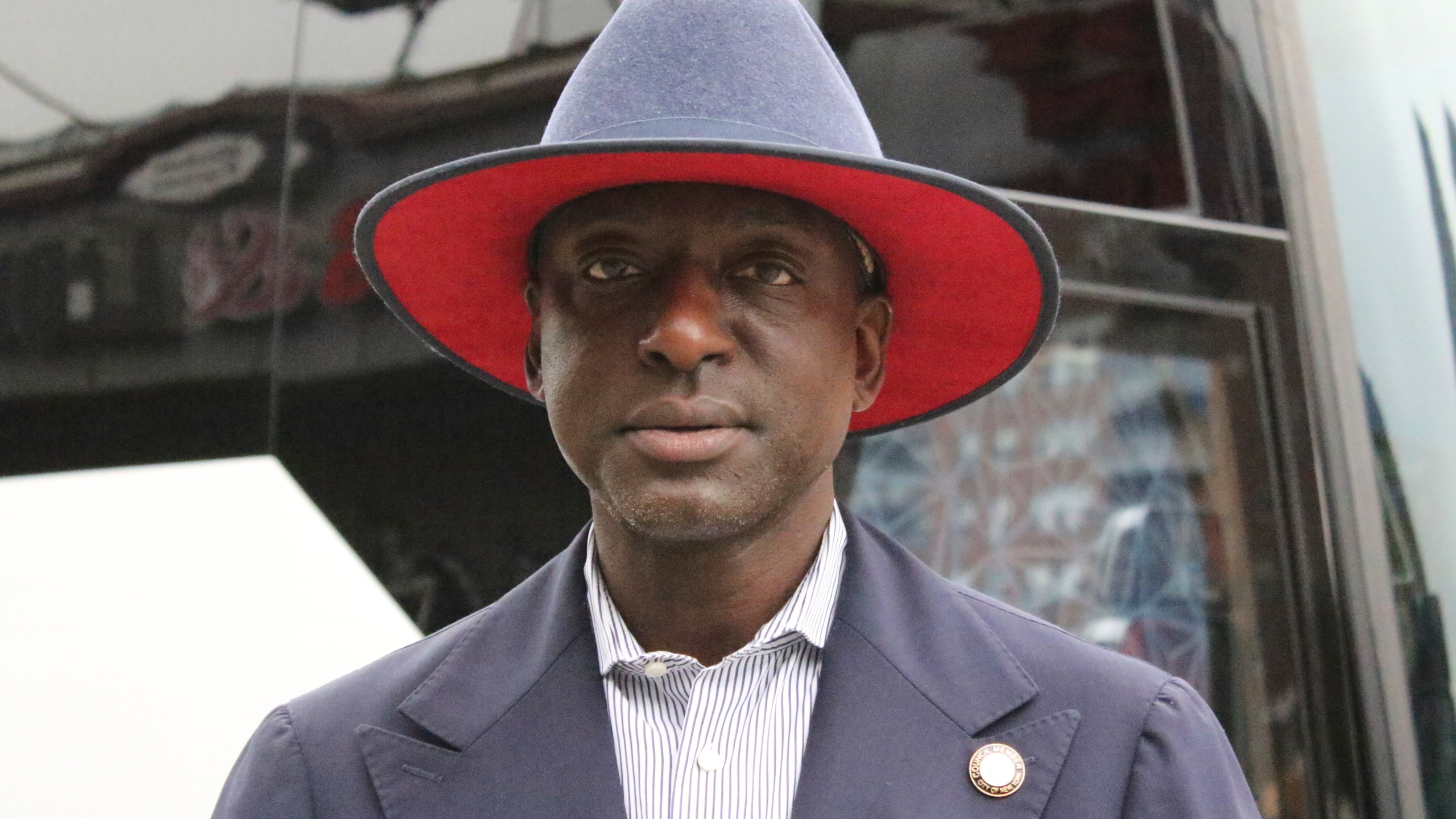 Yusef Salaam, New York City Council member and a member of ‘The Central Park Five,’ poses for a portrait at the National Action Network headquarters in the Harlem neighborhood of New York as members of the organization prepare to depart on a Get Out the Vote bus tour on Friday, Sep. 27, 2024. (AP Photo/Noreen Nasir)